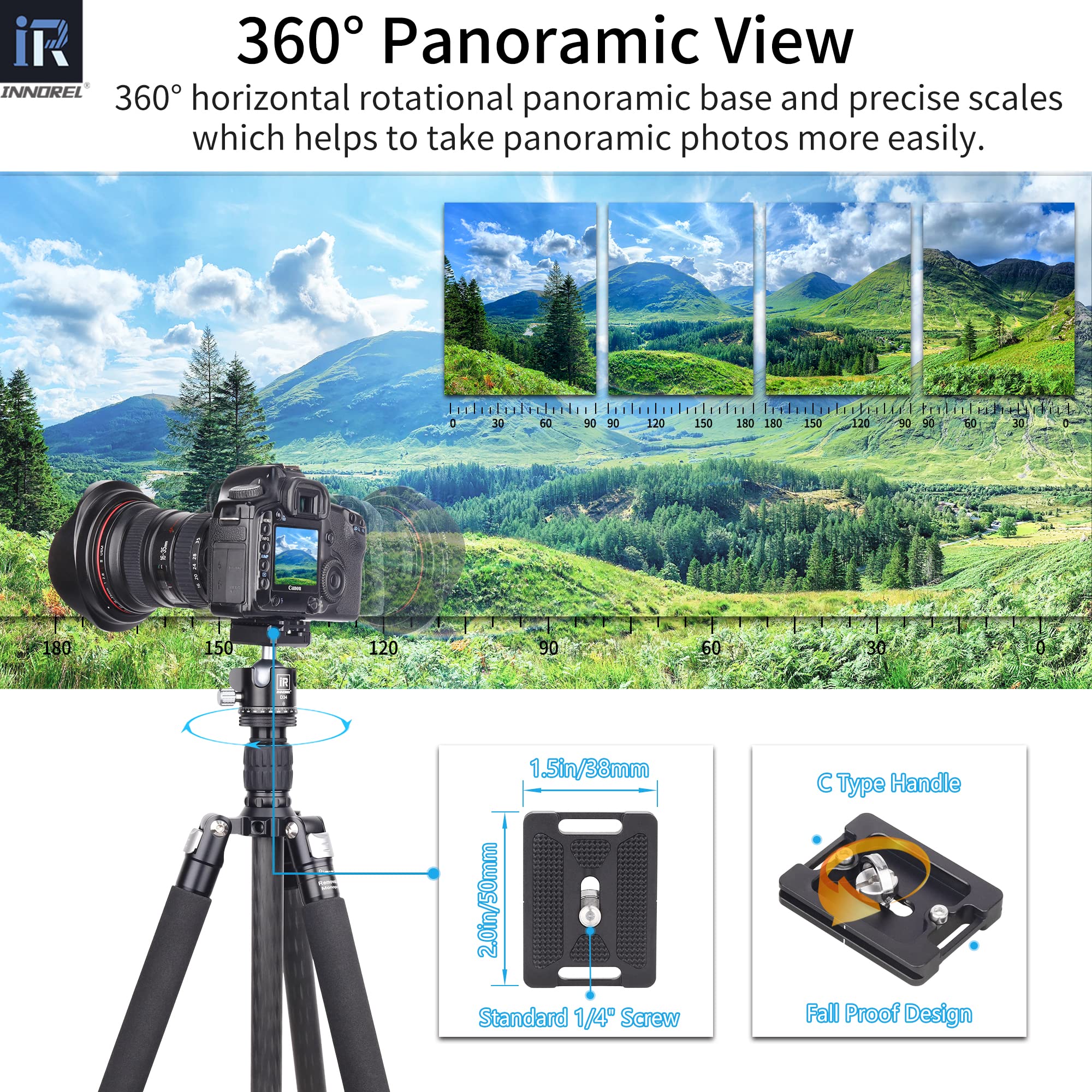 Testa a sfera per treppiede-INNOREL D34 Testa professionale per fotocamera panoramica a 360° per fotocamere DSLR, videocamere, DV con piastra a sgancio rapido da 1/4" Arca Swiss Carico 15 kg