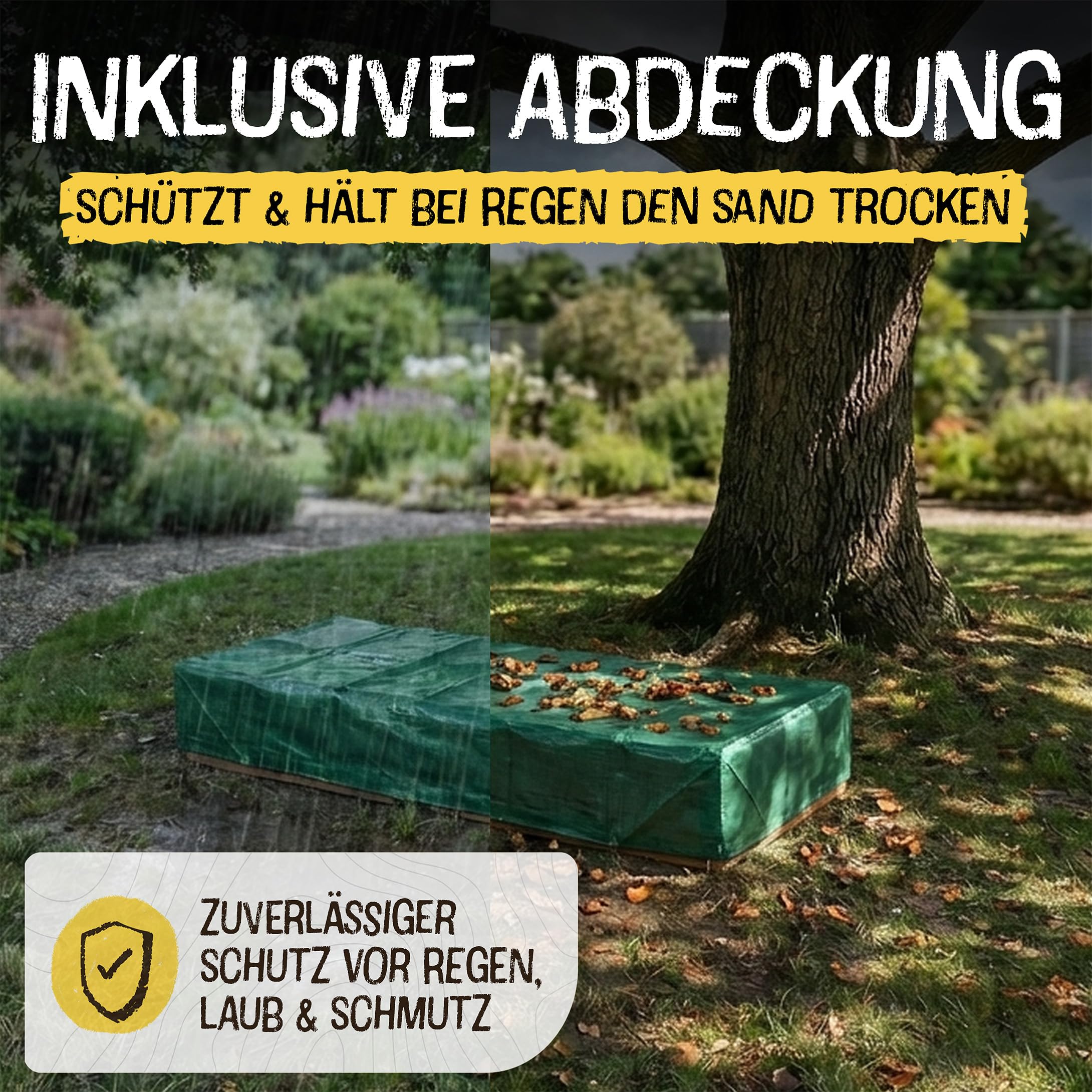 FRIEDO Sandkasten mit Abdeckung 150x40cm aus lasiertem Holz und Deckel I Sandkasten mit Matschküche I Sandbox ideal für Balkon, Terrasse und Garten I Sandkiste mit Abdeckung für kleine & große Kinder - 5