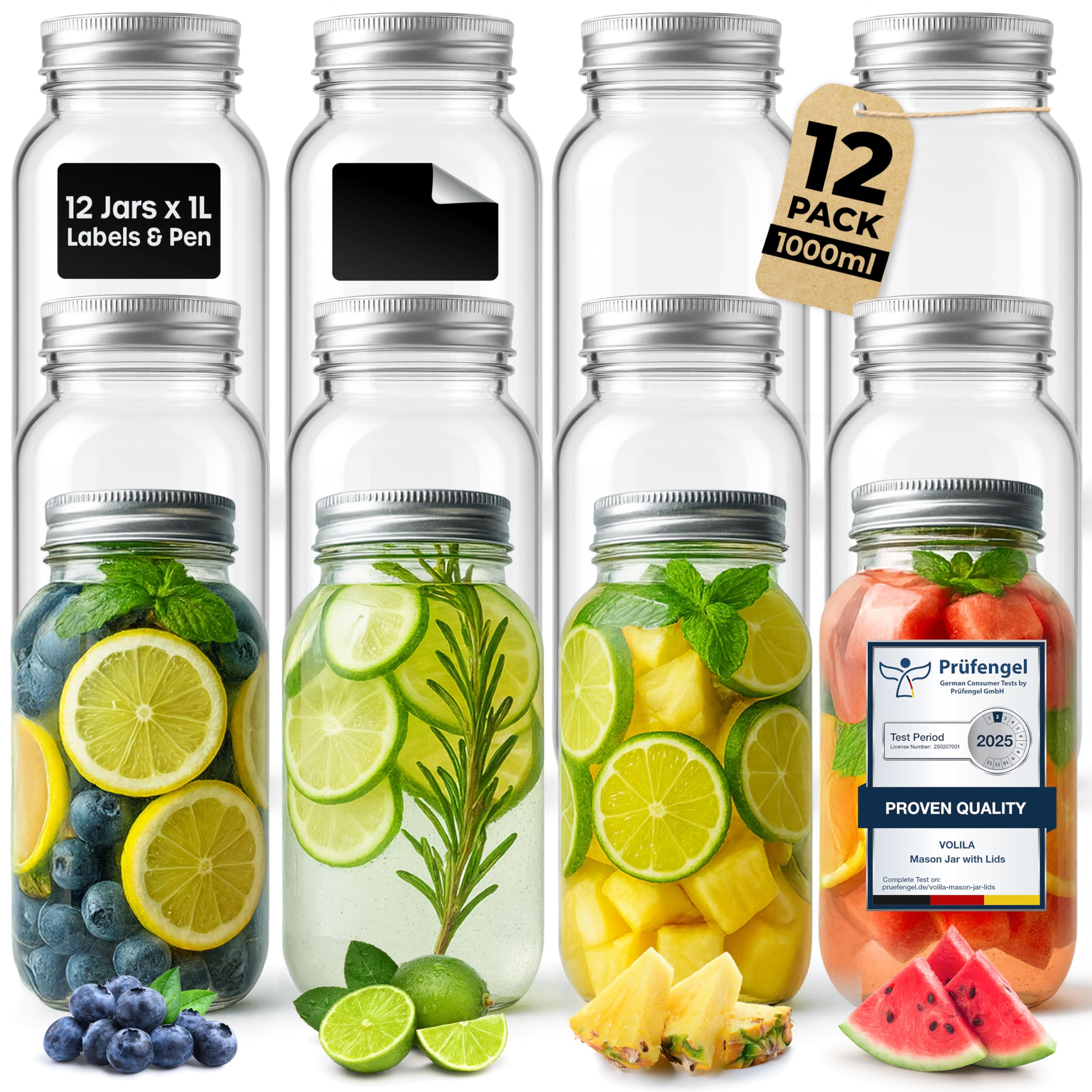 Volila Clear Mason Jars With Lids - 1 Litre Leakproof Glass Jars With Lids. Labels, Pen And Sponge - 12 Pack Large Mason Jar As Preserving Jars, Salad Jars, Overnight Oats Jar, And Pickling Jars