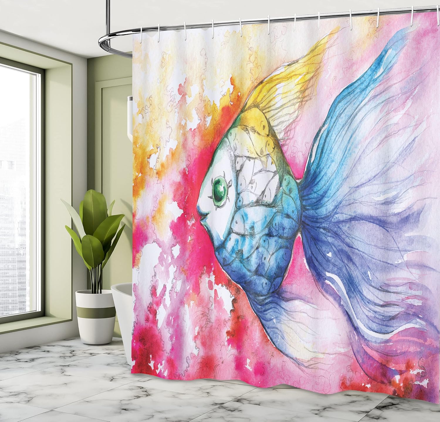 Ambesonne Fish Shower Curtain, Watercolor Fauna Paint Grunge Vivid Brushstrokes and Splashes Nautical Concept, Cloth Fabric Bathroom Decor Set with Hooks, 69" W x 70" L, Off White Dark Pink Multicolor