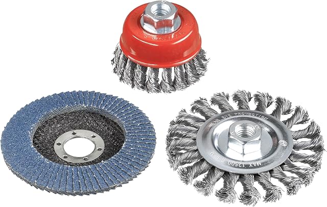 kwb Zestaw szczotek drucianych do szlifierek kątowych z uchwytem M14 wraz z tarczą szlifierską 115 mm K-80 do czyszczenia i szlifowania (3-częściowy)
