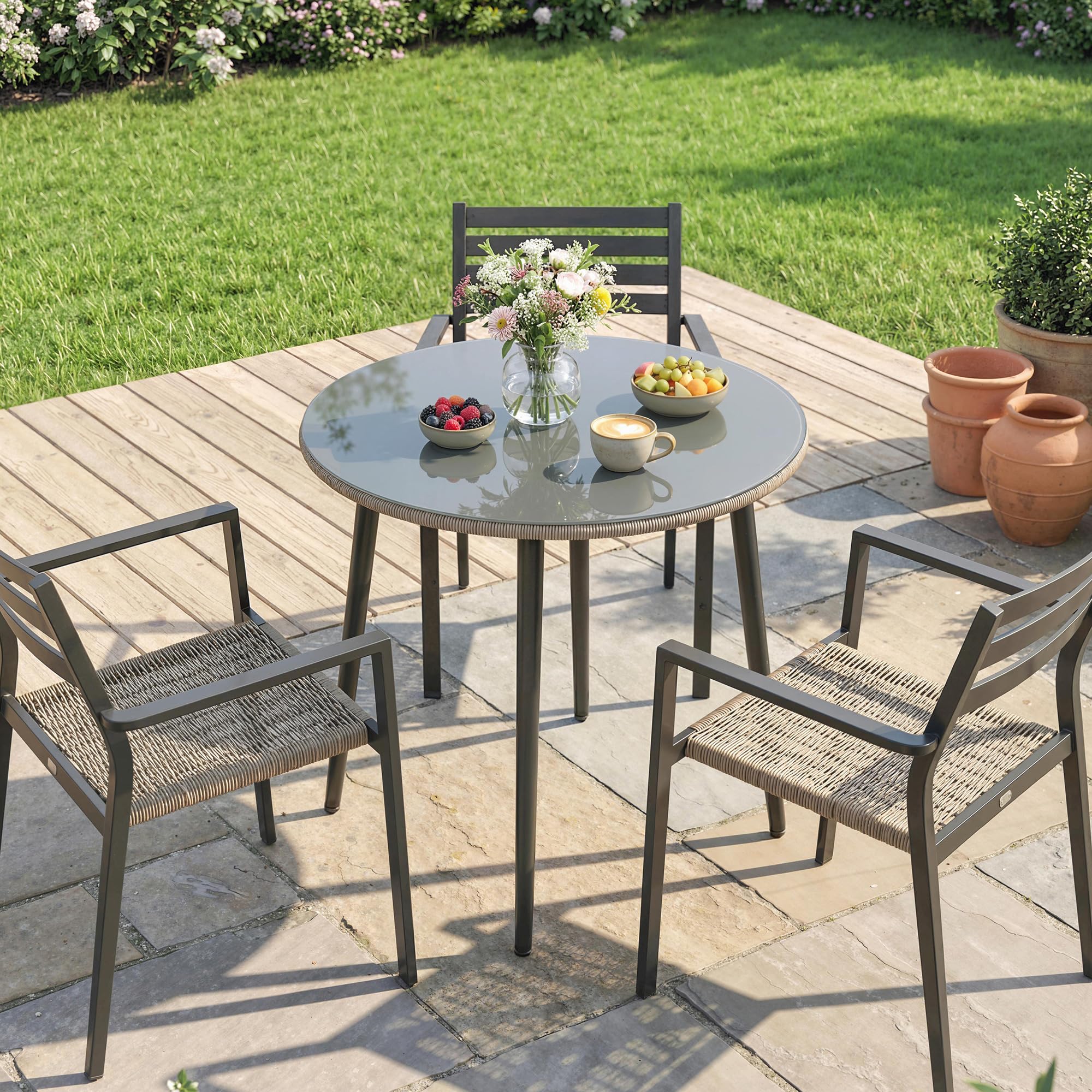 Outsunny Tavolo da giardino acciaio, 80x80x74 cm, buffet 4 pers., grigio | Telaio acciaio, bordo rattan PE, piedi regolabili, tavolo campeggio/balcone/pranzo esterno, giardino/terrazza/balcone
