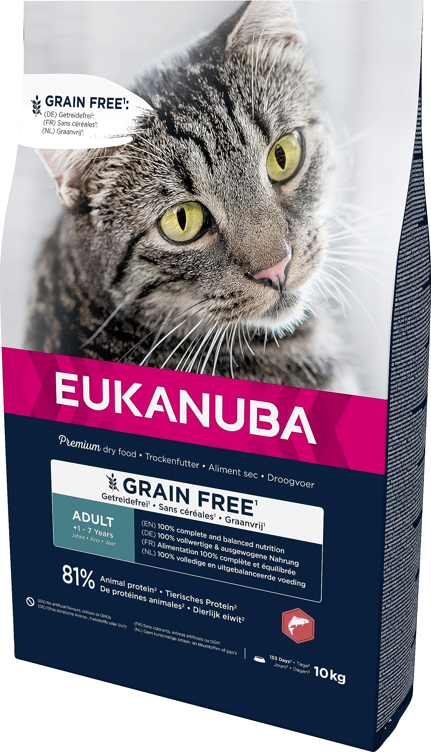 EUKANUBA Grain Free Alimento Seco para Gatos Adultos, Alimento Seco Premium Rico en Salmón para Gatos, 10 kg