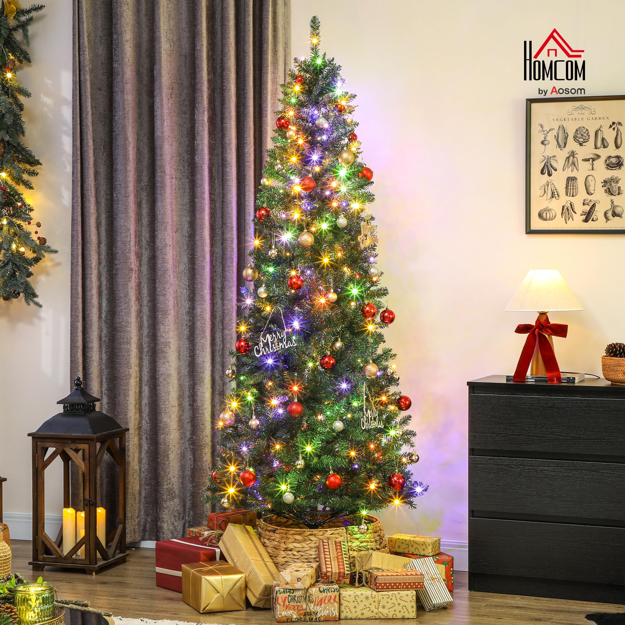 HOMCOM Sapin de Noël Artificiel 210 cm 350 Lumières Blanches Chaudes Vert | Arbre de Noël Fin, Lumières Multicolores, 9 Modes d'Éclairage, 1273 Pointes de Branche Articulée, Support en Métal Pliable