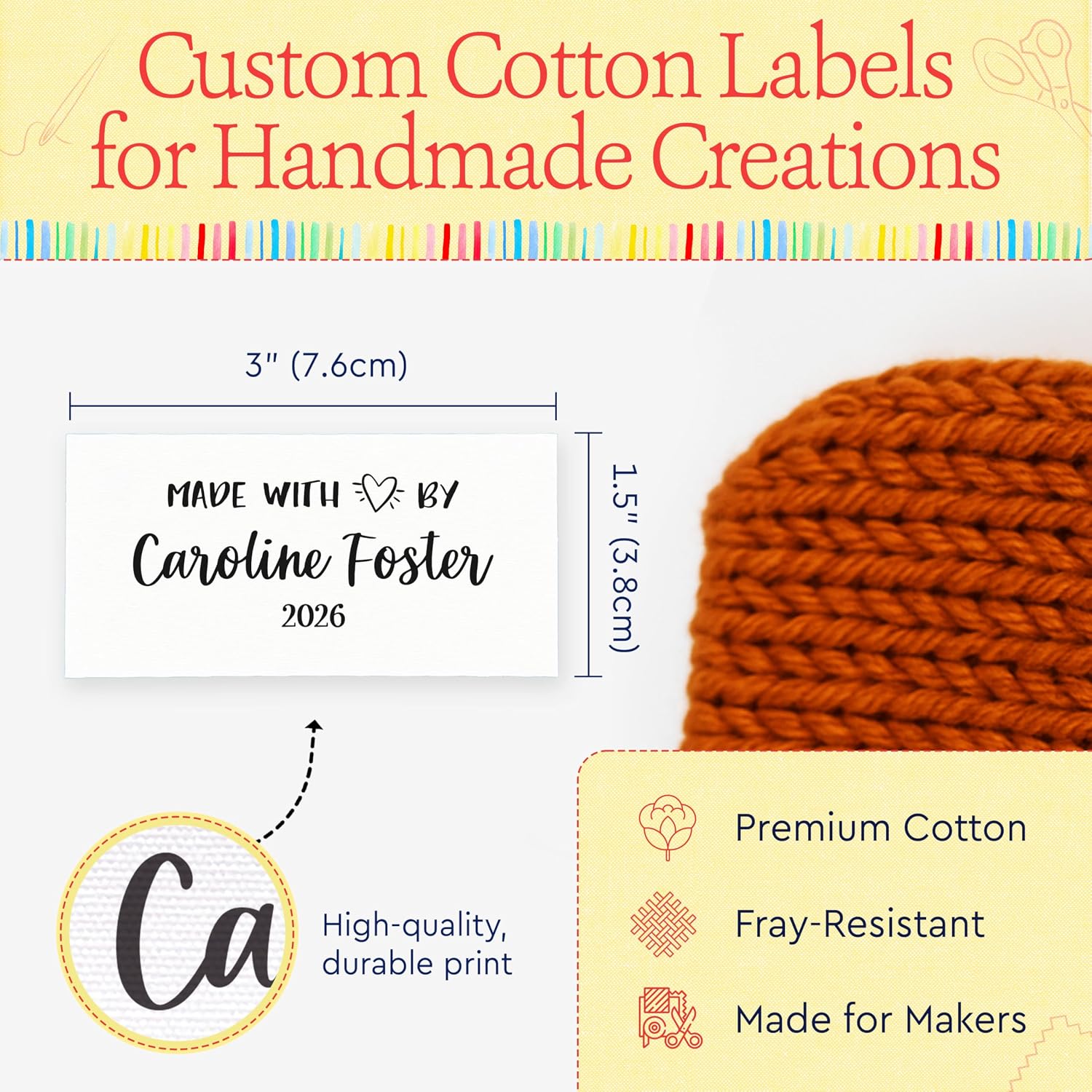 Cotton Personalized Fabric Tags 1.5”x3” Each | Custom Sewing Labels, Set of 15 Labels – Sew On or Iron On – Gift for Quilters, Knitters, Grandma – Machine Washable Quilt Tags - Modern with Love