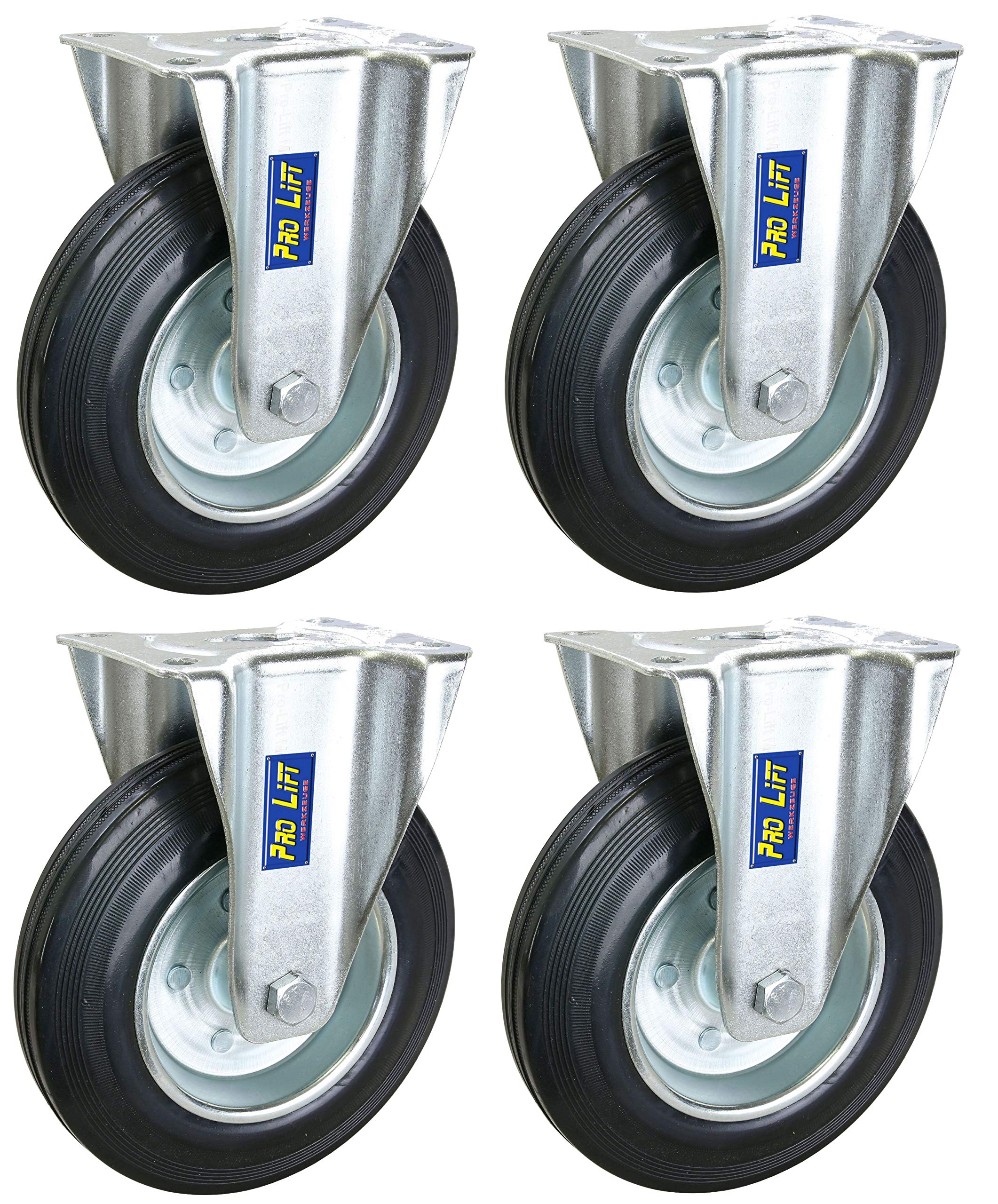 4 Stück: je 210kg Bockrollen, Ø200mm, Gummi-Rollenbelag, WE200RFJ, 02047