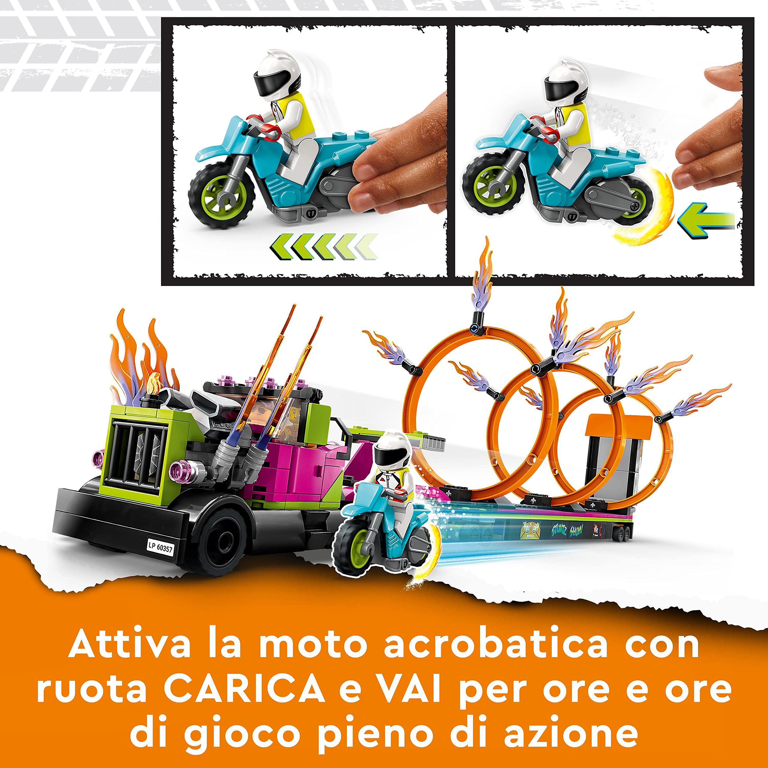 LEGO 60357 City Stuntz Stunt Truck: Sfida dell’Anello di Fuoco con Moto Giocattolo Carica e Vai, Idea Regalo Divertente per Bambini dai 6 Anni, Set 2023