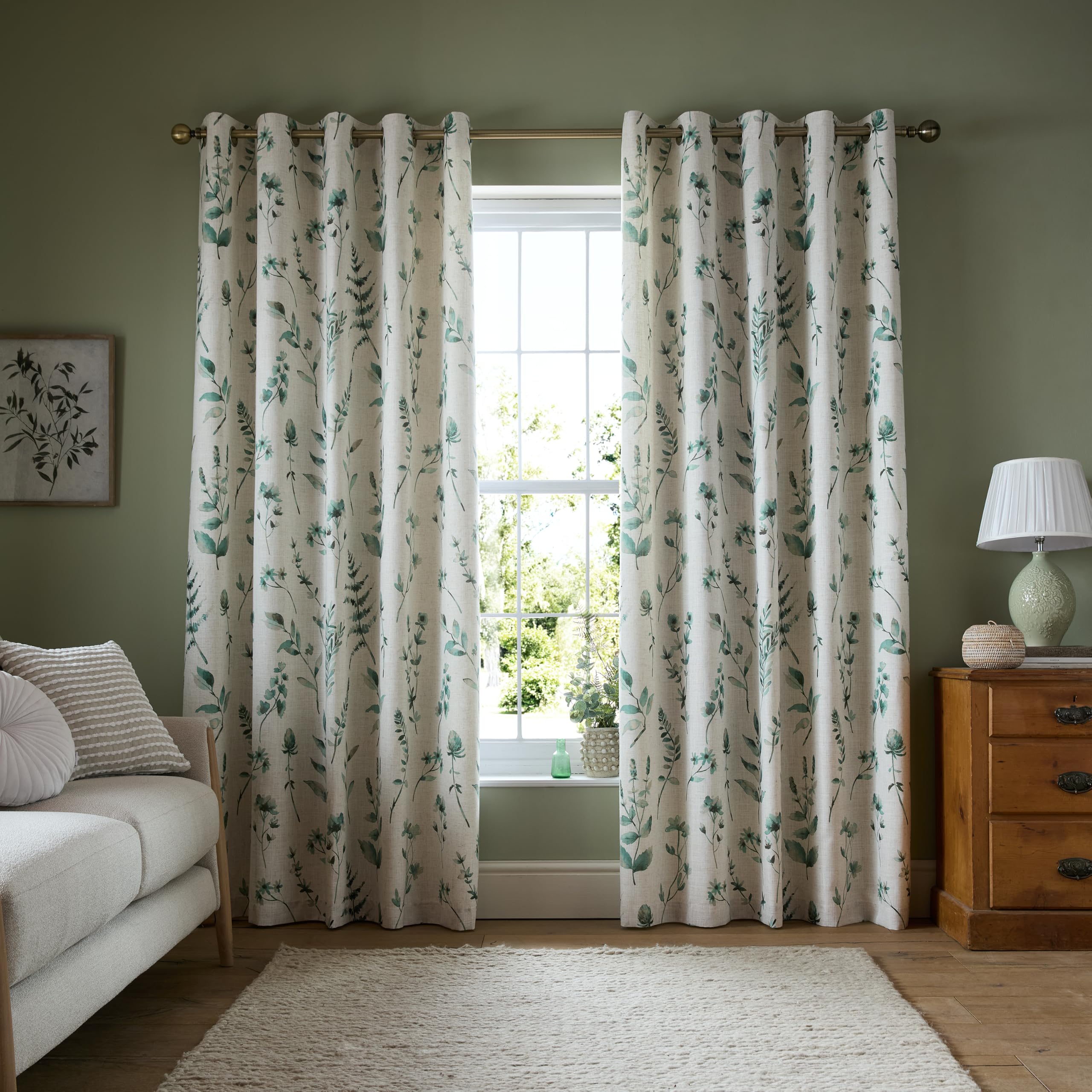 B&Q -  Watercolour Leaves 46X90 Inch Lined Eyelet Curtains Two Panels Natural / Green