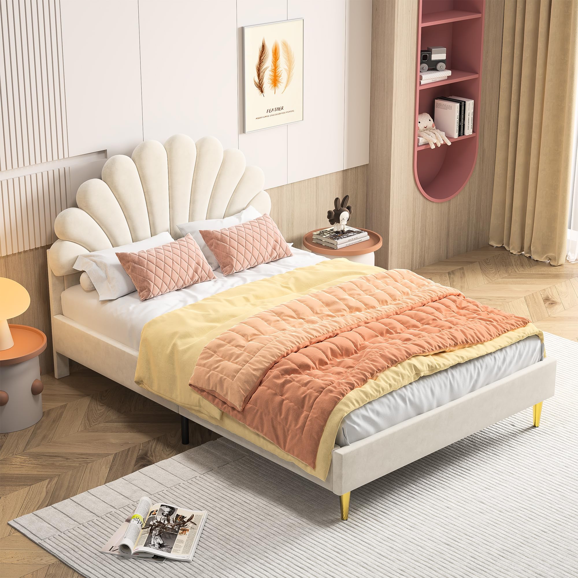 Lit Enfant Rembourré 140x200 cm,Lit Double Fille avec Tête de lit en Forme de Coquillage,Cadre de Lits avec Sommier à Lattes pour Enfants & Adultes, Velours, Beige, sans Matelas