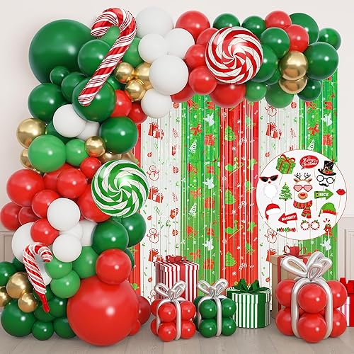 167Pcs Merry Christmas Party Decorations Set, Christmas Foil Fringe Curtains Red Green Gold Balloons Garland Arch Kit Photo Booth Props Candy Cane Foil Balloon for Xmas Birthday Holiday Party Supplies