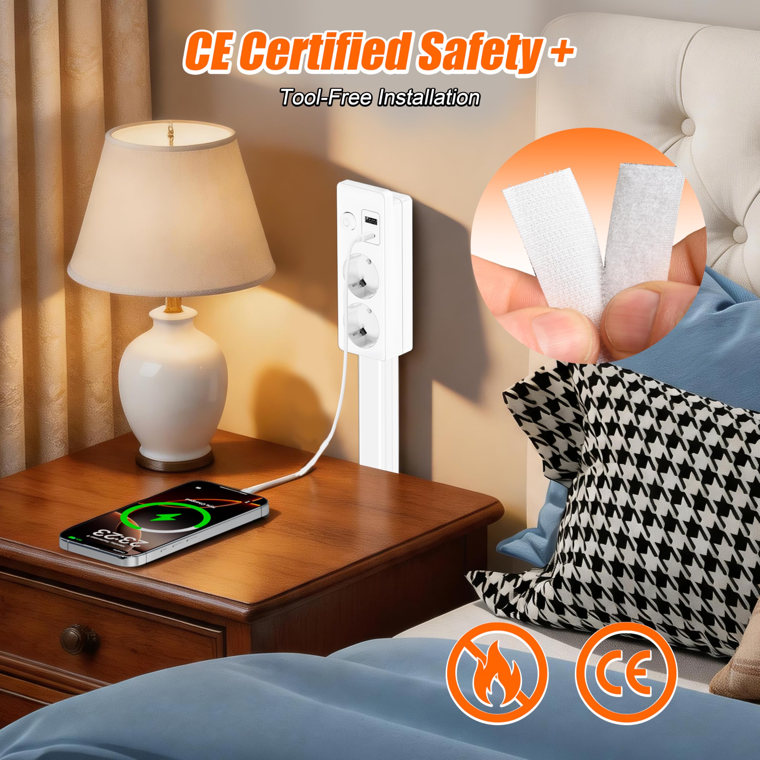Przedłużacz elektryczny rozsuwany i obrotowy 180° z 2 gniazdkami Schuko i 2 portami USB (A+C), 48-71 cm, za meble i do ciasnych przestrzeni – Certyfikat CE