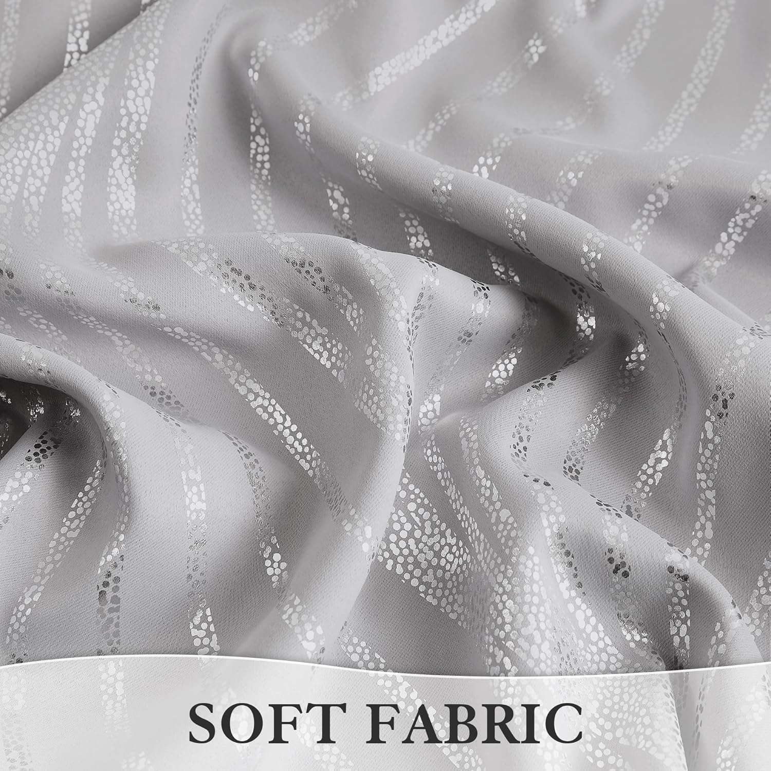 100% Blackout Curtains Grey and Silver Foil Pattern Curtains 84 Inch Length for Living Room Metallic Silver Wave Print Drapes for Bedroom Thermal Insulated Grommet Window Curtains 2 Panel Set