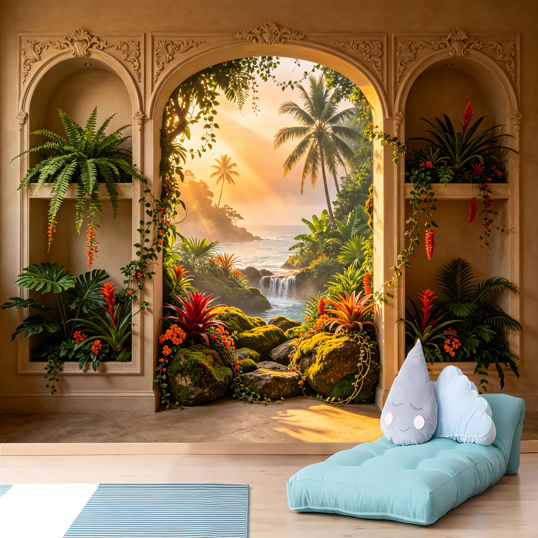 Custom Size Wall Murals Beige Frame Tropical Sunset Wall Murals Seascape Wallpaper Vivid Self-Adhesive Removable Wallpaper for Living Room Bedroom