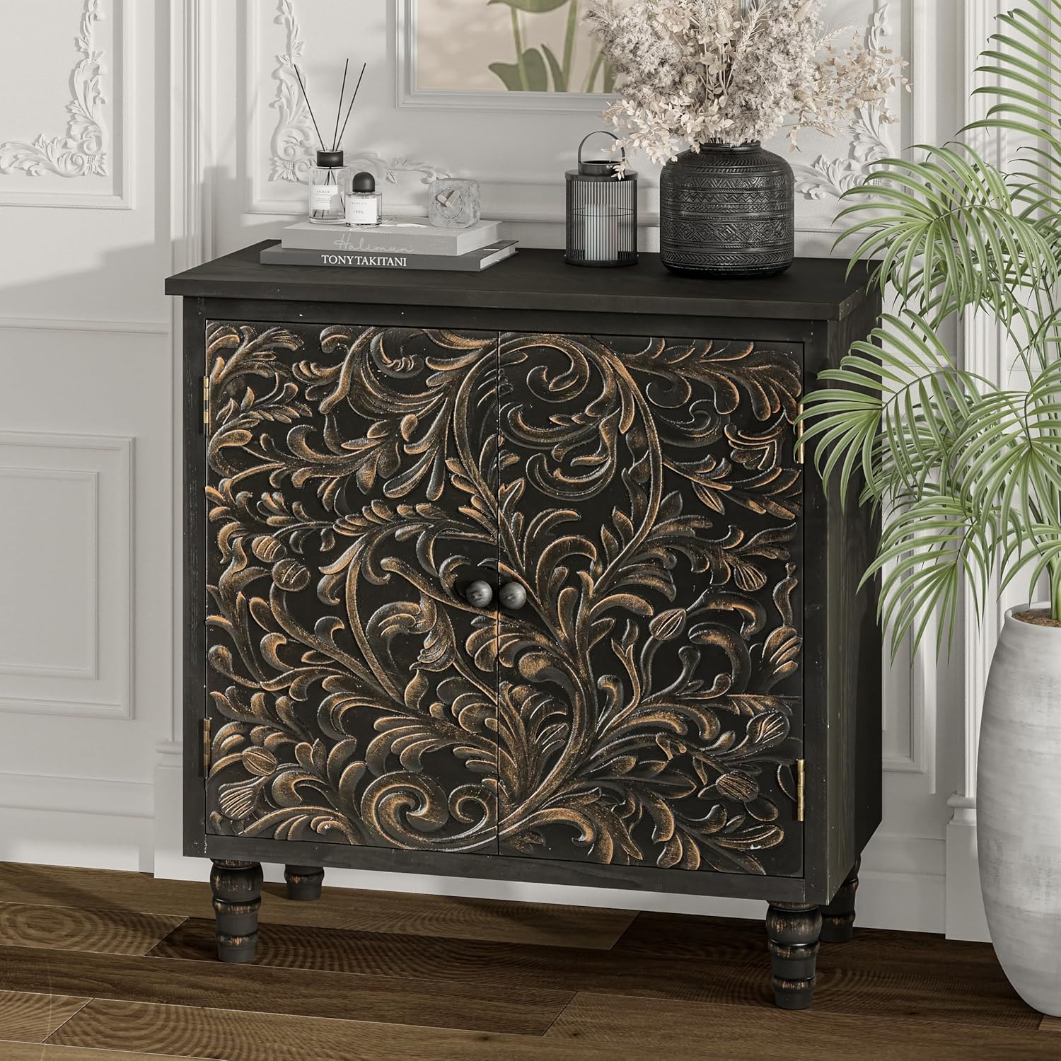 LONYKE 2 Door Farmhouse Storage Cabinet with Embossed Distressed Flower Motif, Vintage Side Table for Living Room, Bedroom, Boho, Black