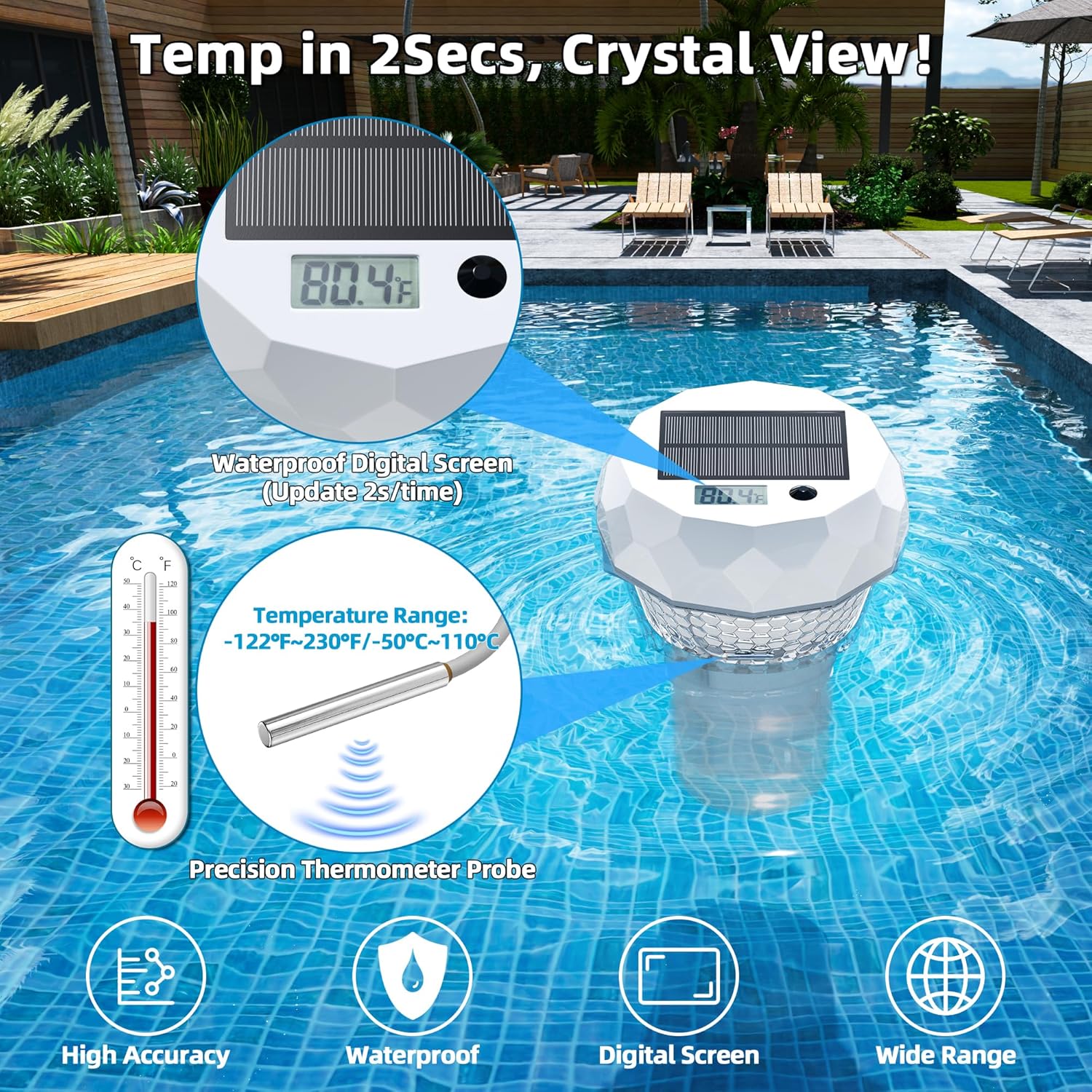 GORDNWE Solar Pool Chlorine Floater with Thermometer: Floating Chlorine Dispenser for Pool Remote-Control Pool Light Waterproof for Outdoor Swimming Above Ground Pool Hot Tub Spa Party