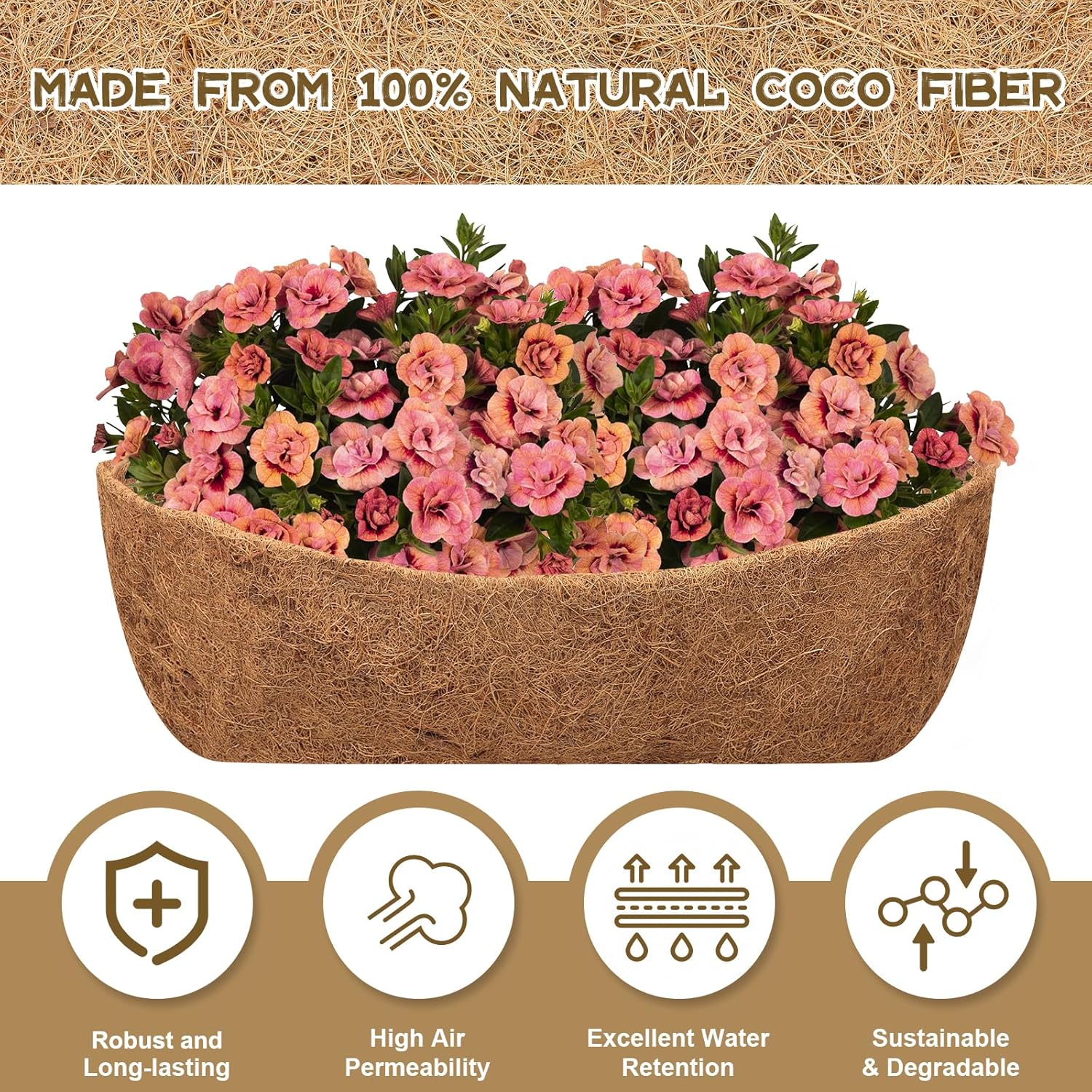 Riare 4 Pack 24 Inch Trough Coco Coir Liners for Planters, Pre-Formed Coconut Coir Replacement Liner Natural Coco Fiber Window Box Liners for Wall Planter, Window Basket Deck Railing Planter
