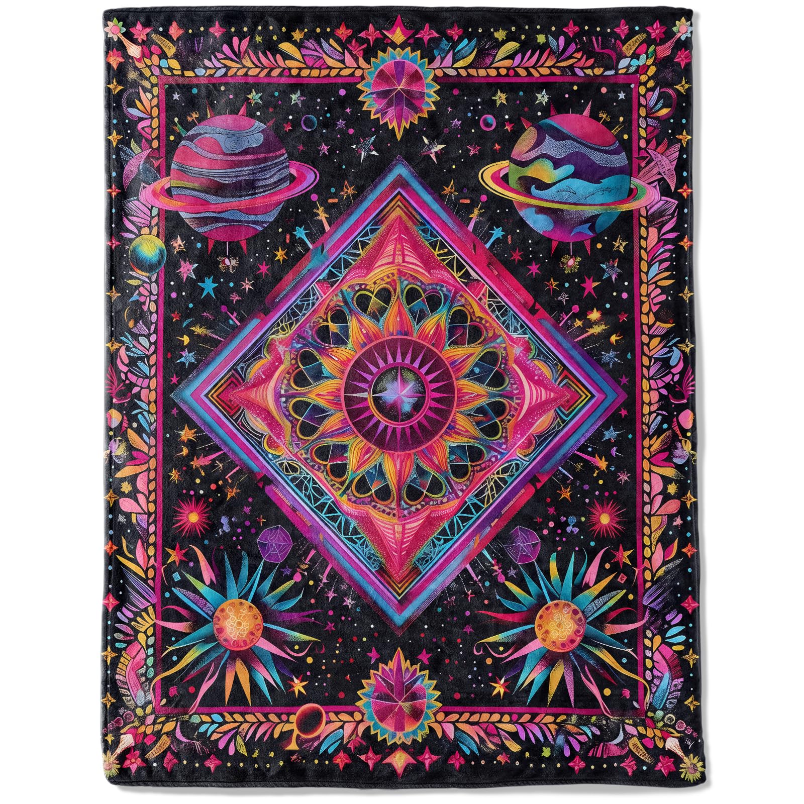 ainori Cosmic Mandala and Planet Flannel Blanket - Lightweight Soft Cozy Gifts Blankets for Space Lovers,Adult,Women,Vibrant Psychedelic Art Style Throw,Home Room Modern Decor 60x80in
