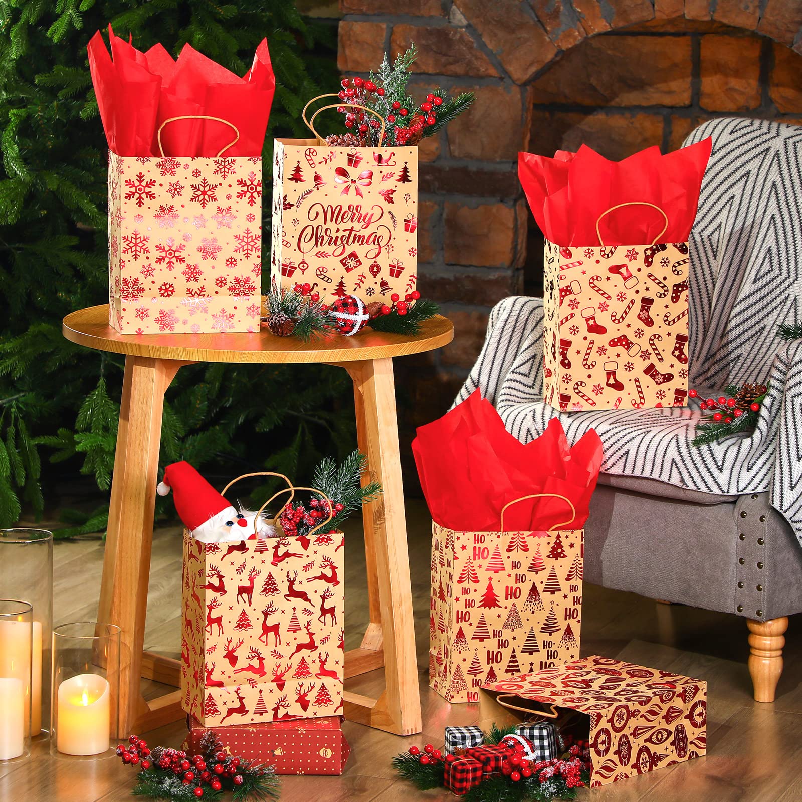 24 bolsas de regalo de Navidad con papel de seda, bolsas de regalo de Navidad con asas a granel para envolver regalos de Navidad, suministros de fiesta de vacaciones (copo de nieve rojo, mediano)