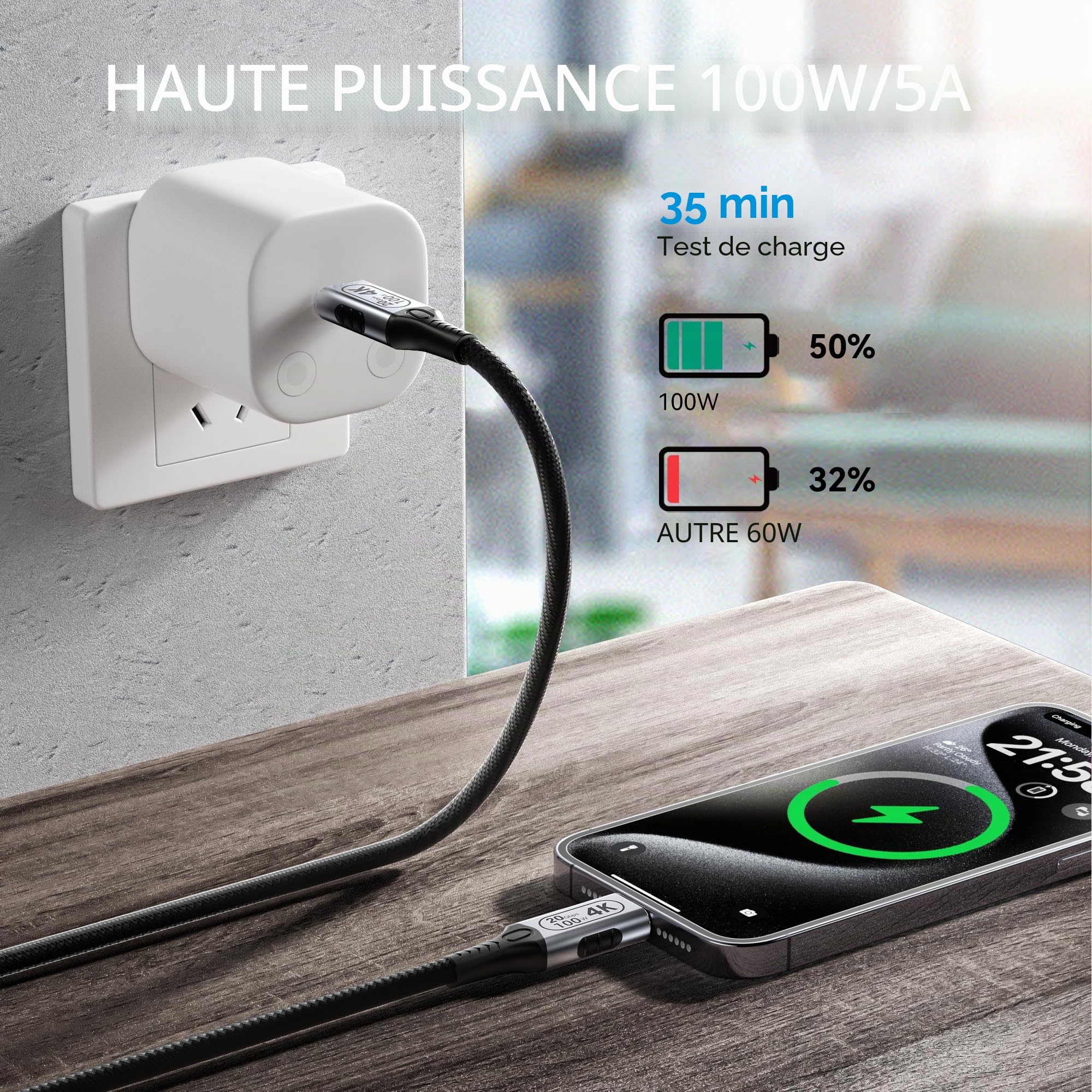 Câble USB C 6m PD 3.0 Cable USB C Charge Rapide Type C Nylon Tressé,100W 20V/5A câble usb c charge rapide, Transmission vidéo 4K @ 60Hz pour téléphones mobiles, moniteurs, dispositifs