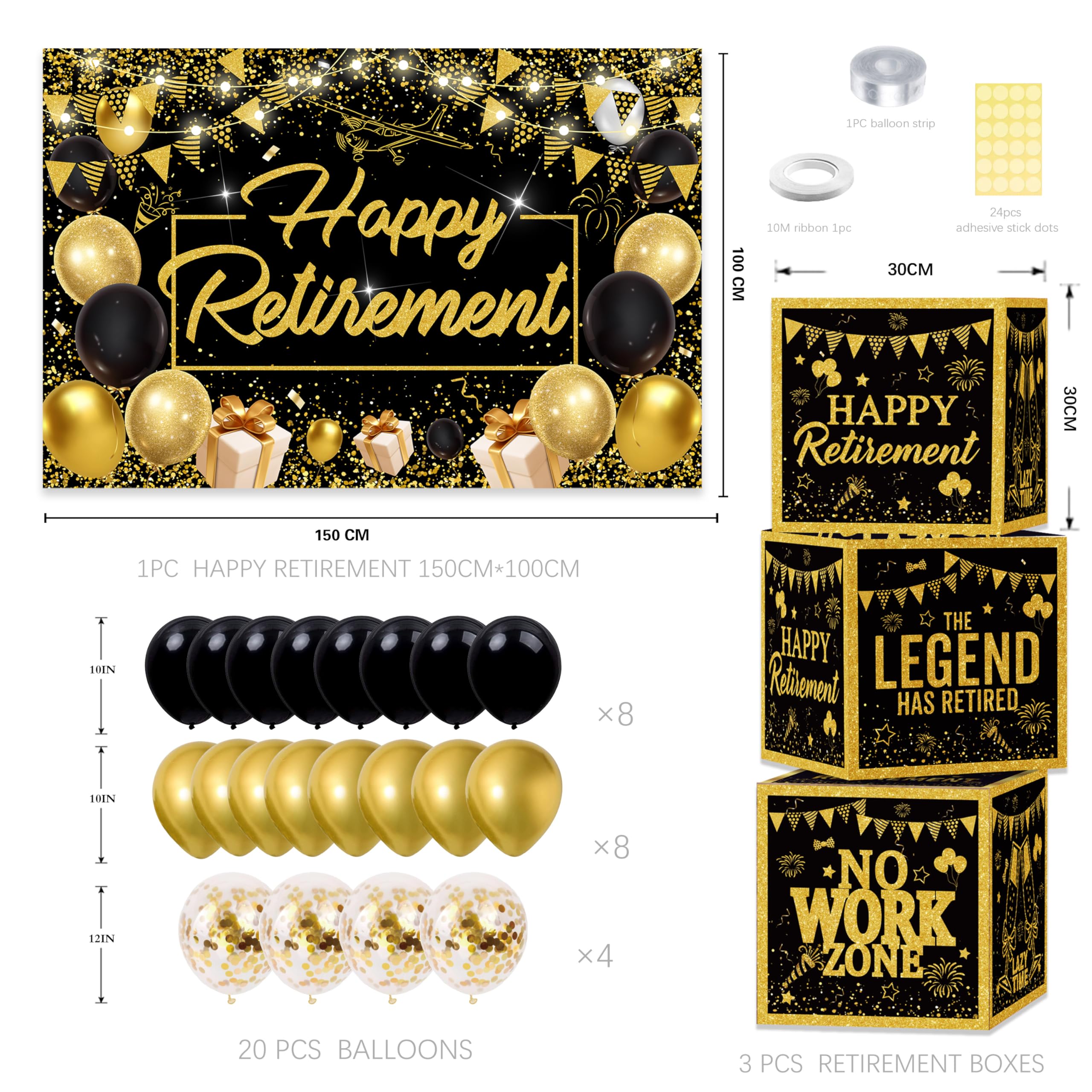 Happy Retirement Party Decorations Kit for Men Women - Black Gold Retirement Balloons,Backdrop,Retire Box Decor