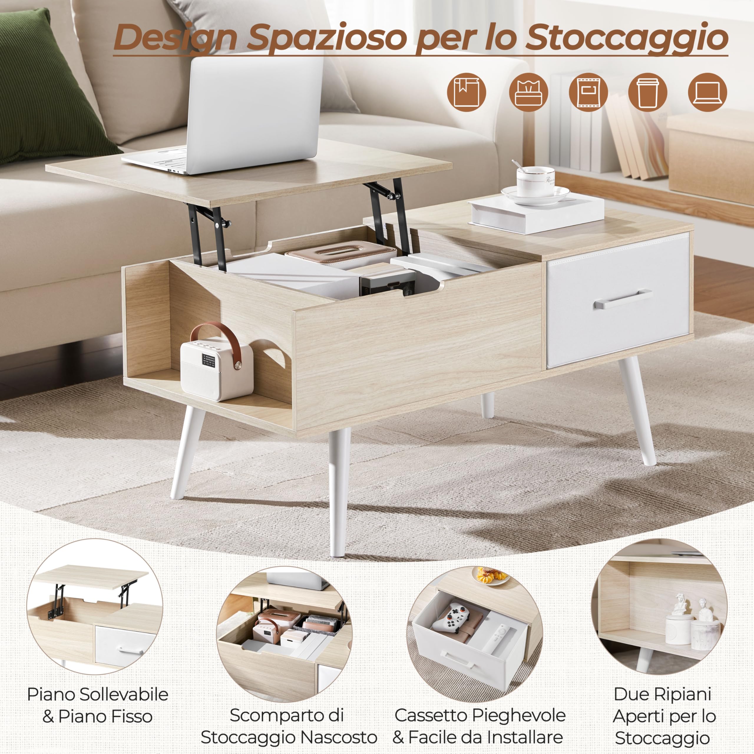 Yaheetech Tavolino da Salotto Sollevabile, Tavolino da Caffè Contenitore in Legno con Piano Rialzabile, Scomparto Nascosto e Cassetto, per Divano Soggiorno, 100 × 50 × 45,5-59 cm, Legno Chiaro