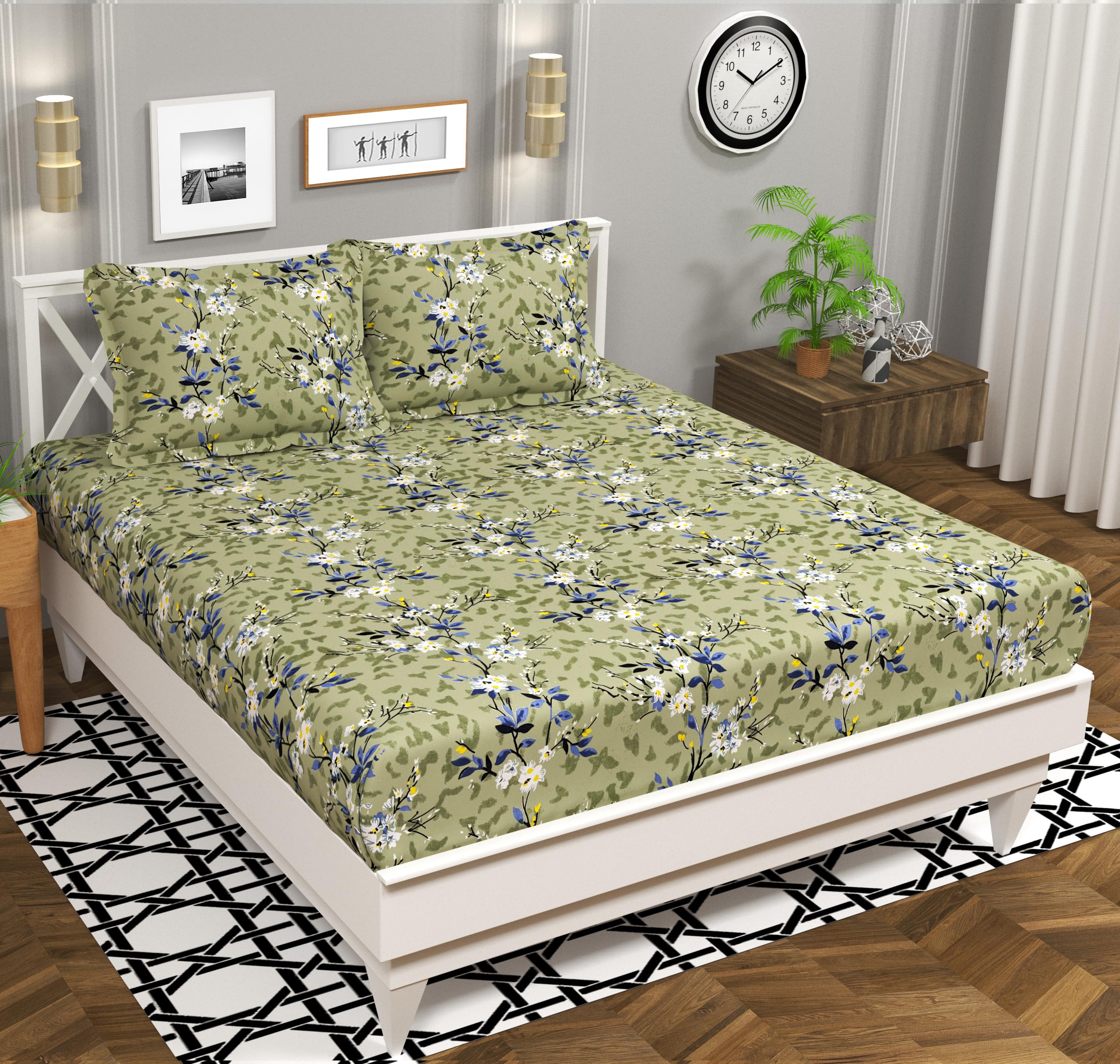 BSB HOME 120 TC Double Floral Bedsheet with 2 Pillow Covers | 110 GSM Soft Brushed Microfiber - Breathable & Wrinkle Free - (86 X 88 Inch, Floral, Oliv Green)