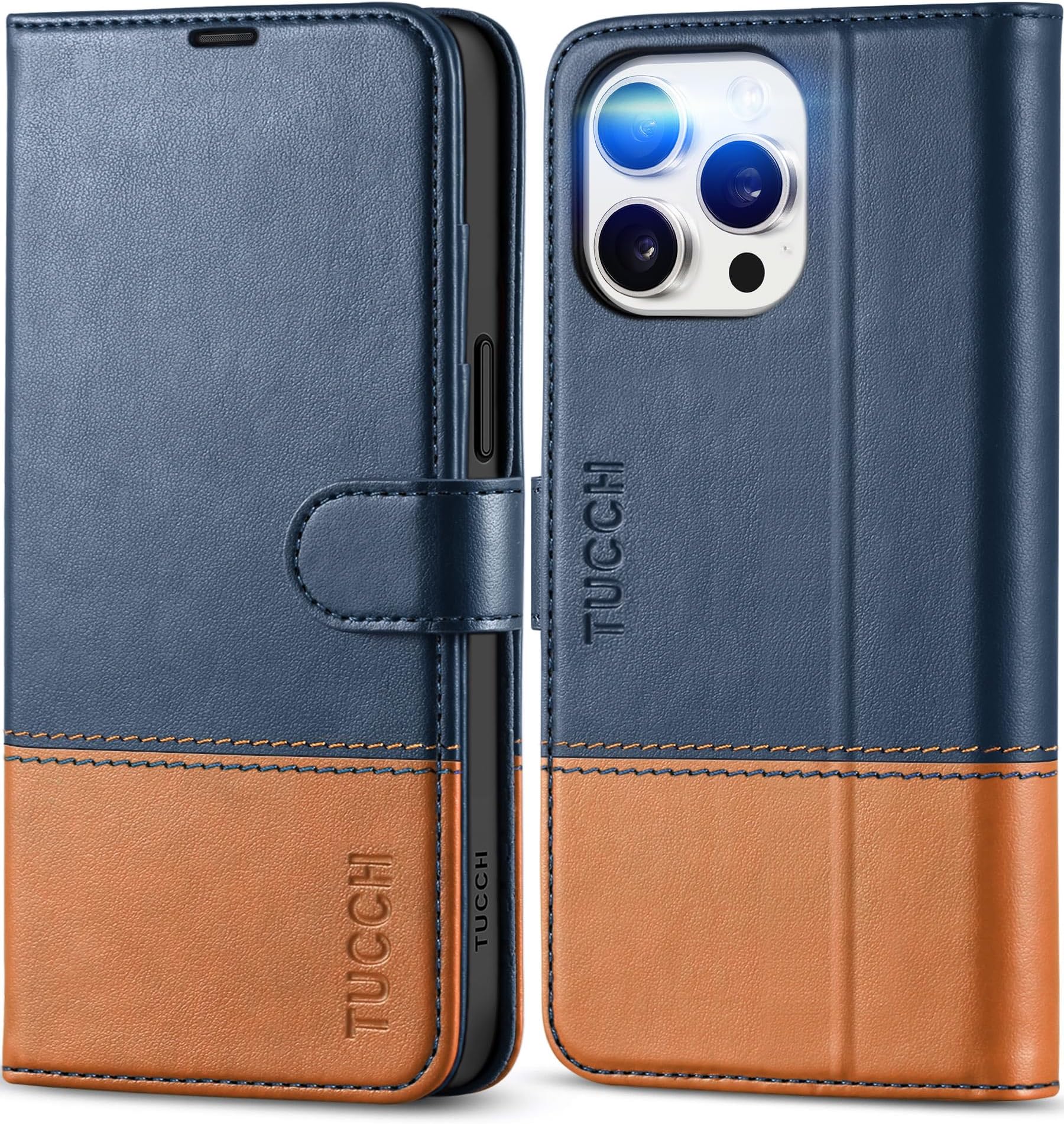 TUCCH Wallet Case for iPhone 15 Pro Max, [RFID Blocking] [4 Card Slots] Protective TPU Inner Shell, Shockproof Magnetic PU Leather Stand Flip Cover Compatible with iPhone 15 Pro Max 6.7", Blue&Brown