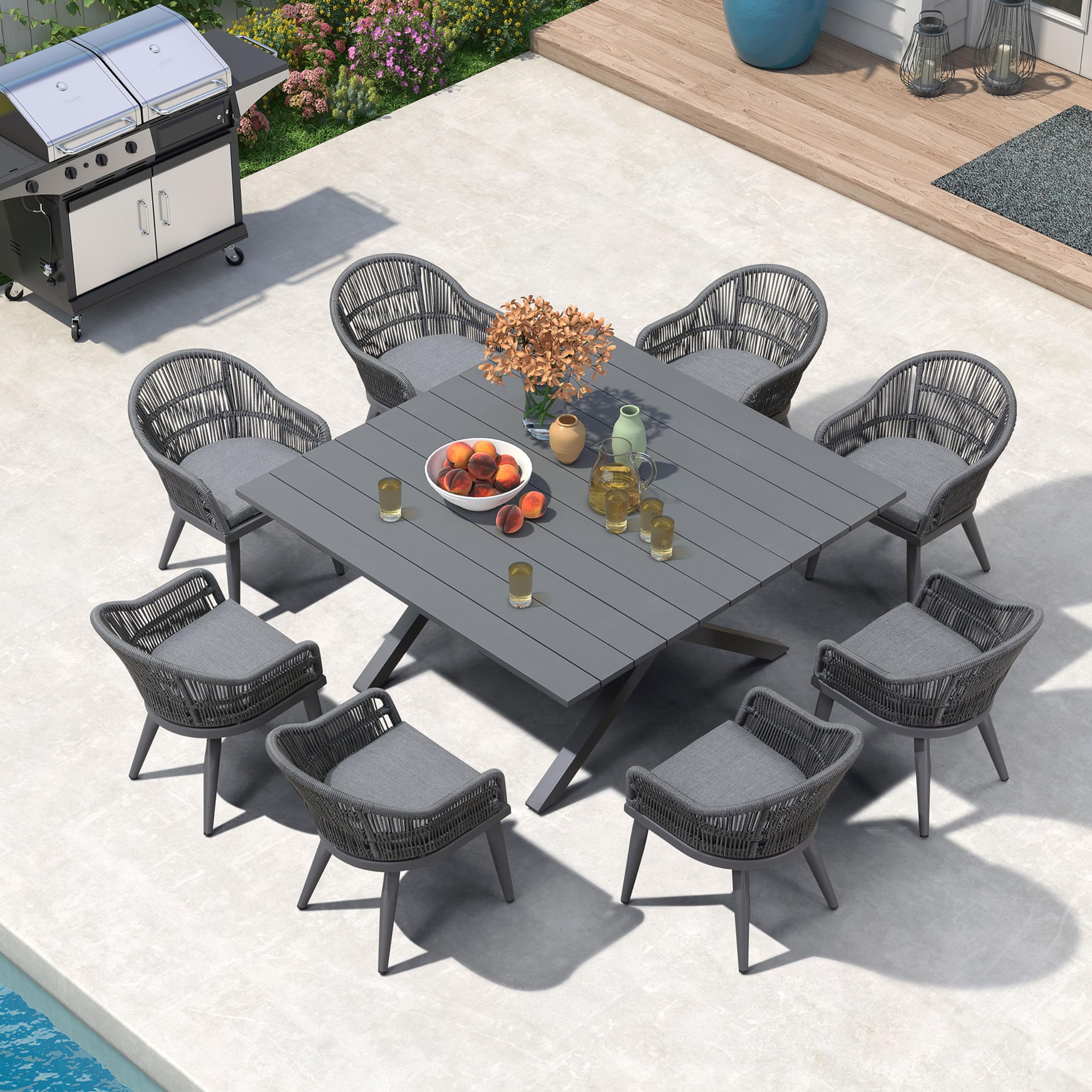 PURPLE LEAF 9 Pieces Patio Dining Set with Cushion Square Table, Grey