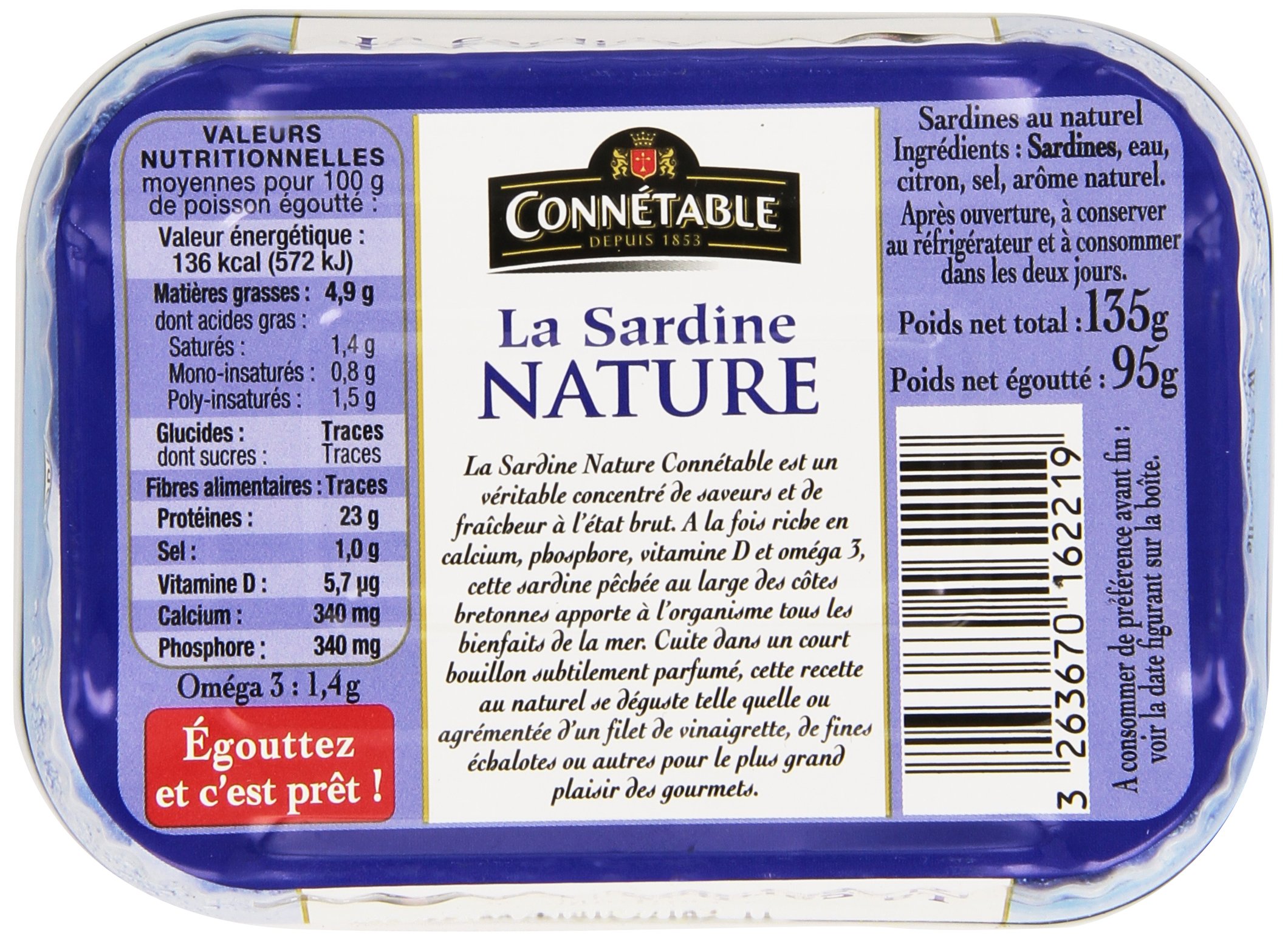 Connétable Sardine Nature 135 g - Paquete de 6
