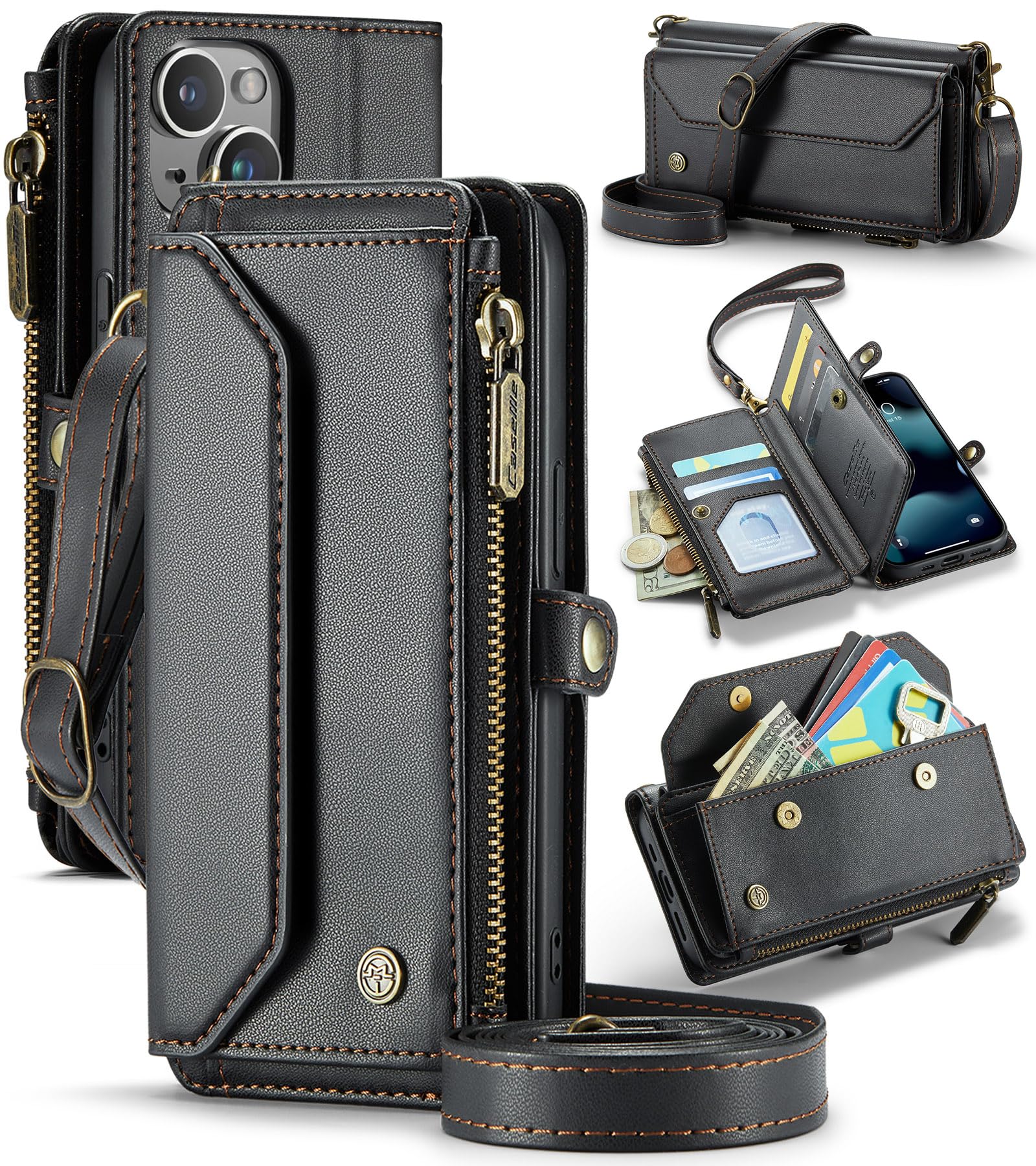 UFinetech iPhone 13 Mini Wallet Case - RFID Blocking, Wireless Charging, Shockproof, Adjustable Shoulder Strap, Card Slots, PU Leather, Built-in Stand, Black Black iPhone 13 Mini