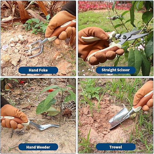 Miniatura 5 de Juego de herramientas de jardinería marrón de 12 piezas, kit de herramientas de mano de jardín con mango ergonómico antideslizante, bolsa de