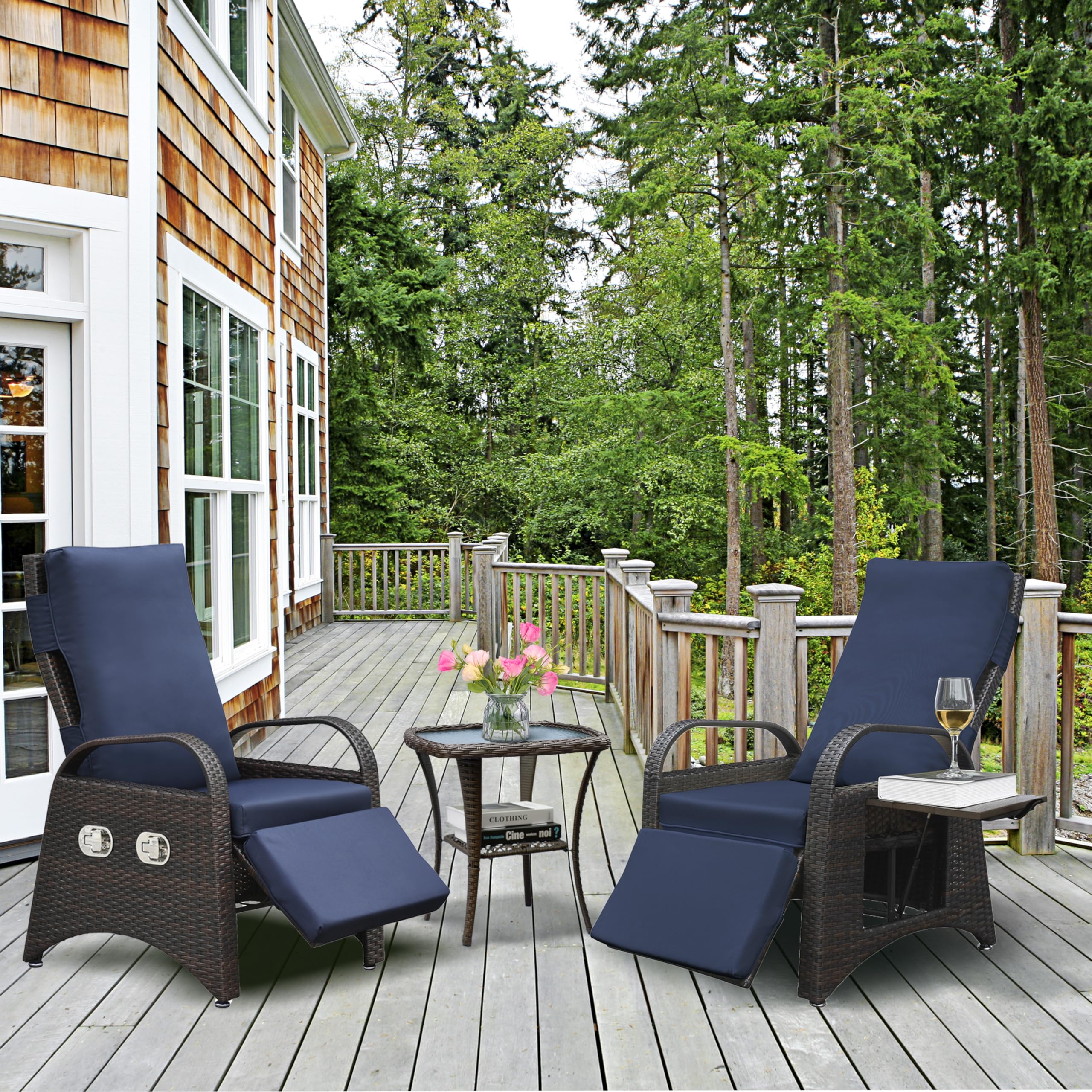 ATR ART TO REAL Outdoor Recliner, Set of 2 Wicker Reclining Chair with Coffee End Side Table,Patio Backyard Garden Living Room, All-Weather Resin Wicker Furniture (Navy Blue)
