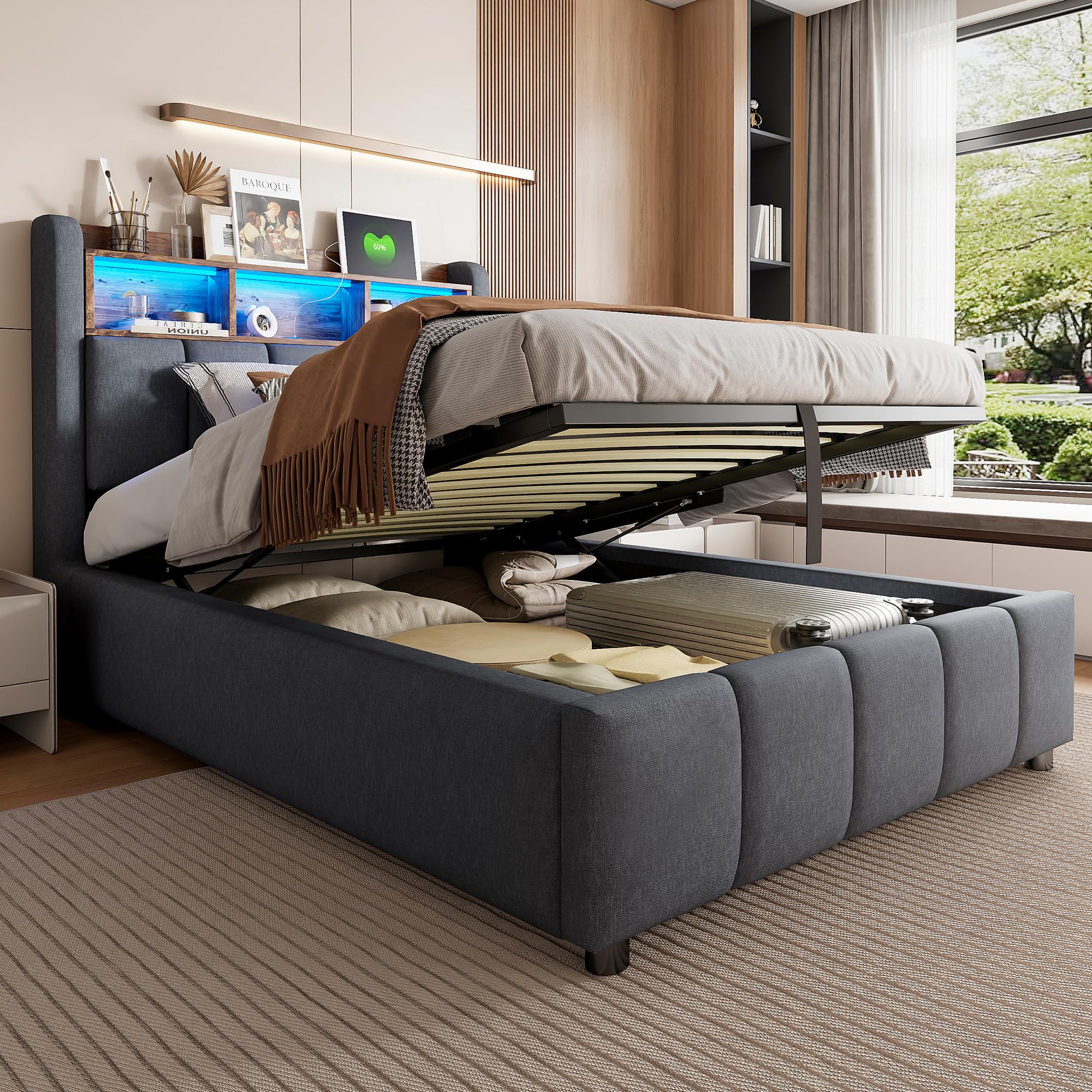 Einzelbett Polsterbett 90x200 cm mit USB Anschluss und LED Licht, Hydraulisches Bett mit Stauraum und Kopfteil, Jugendbett Bettgestell mit Lattenrost, Leinen, Grau, Ohne Matratze