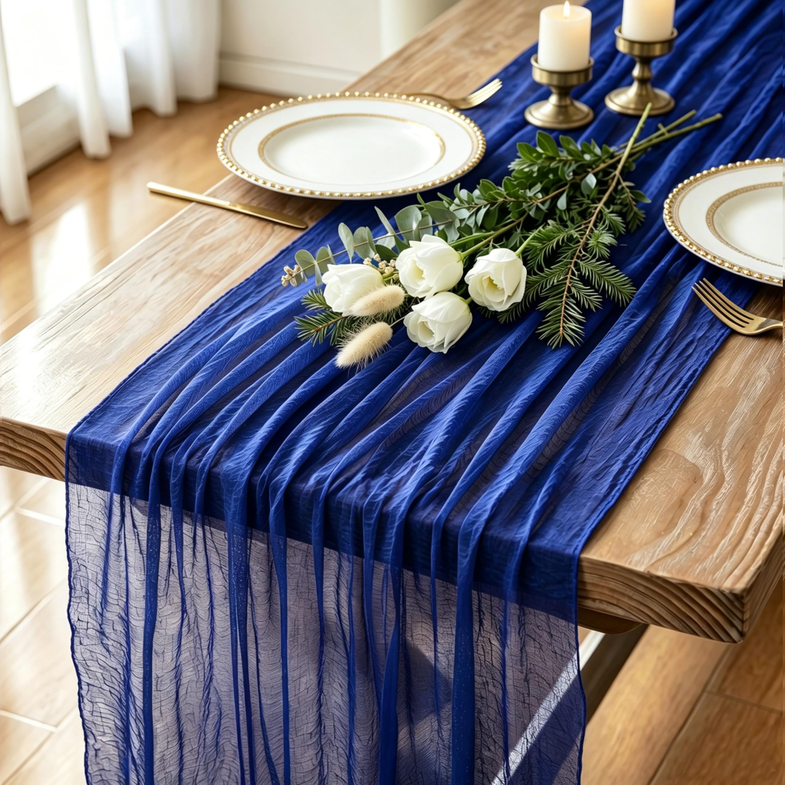 Photo 1 of 3 Pack Royal Blue Cheesecloth Table Runner 120 Inch 10FT Cheese Cloth Runners for Independence Day, Coastal Style, Baby Shower, Graduation Decoration