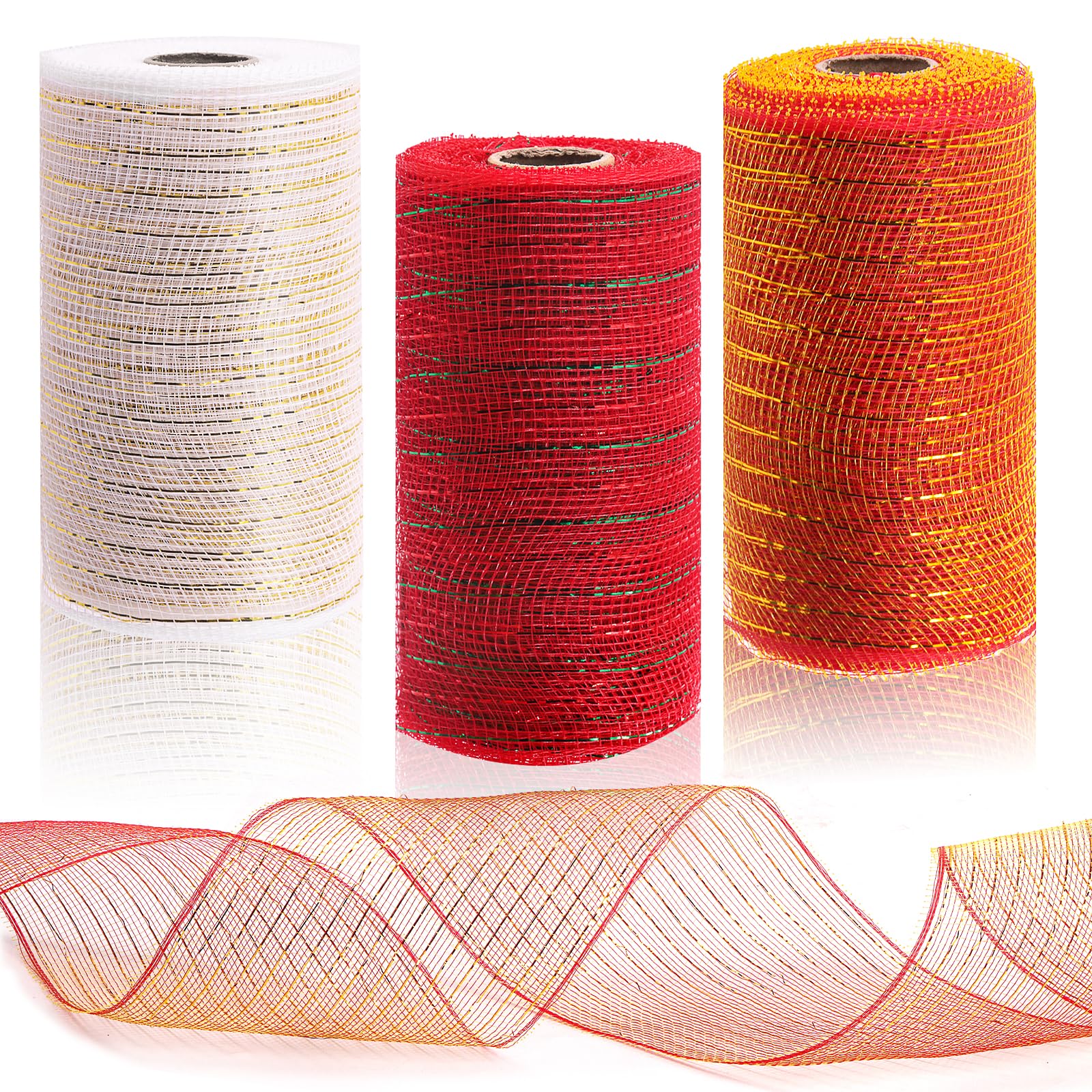 GLARKS 3 Rolls Halloween Mesh Ribbon Deco Metallic Foil Poly Mesh Ribbon Light Red, Red with Green, Platinum for Wreaths, Swags, Craft, Party and Decorating Supplies