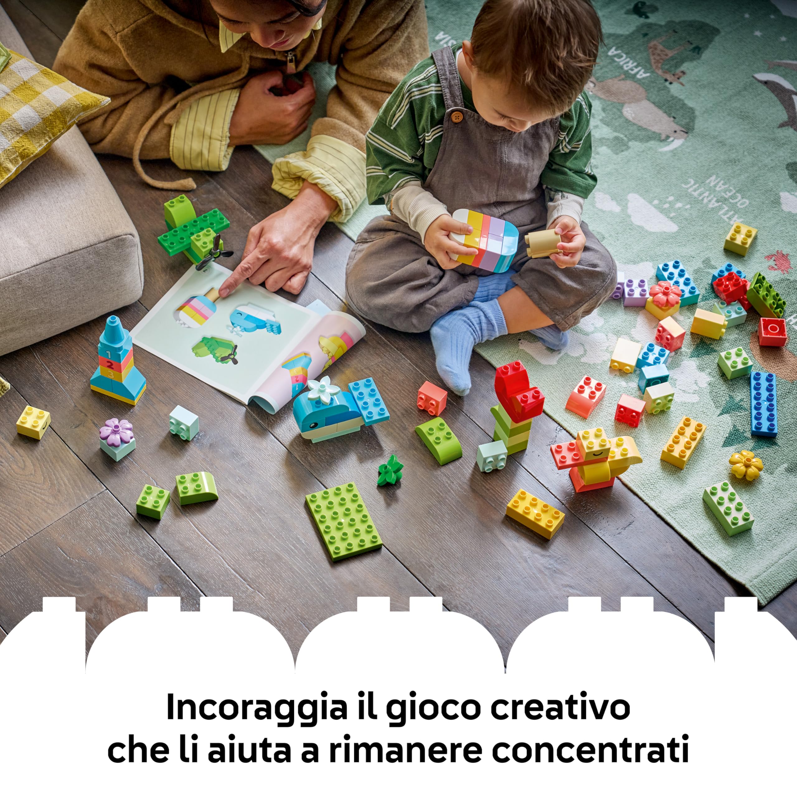 LEGO DUPLO Scatola Creativa Colorata - Giochi Didattici per lo Sviluppo della Motricità Fine - con Mattoncini con Numeri, Animali, Veicoli e Cibo - Regalo per Bambini e Bambine da 1 Anno in su - 10479