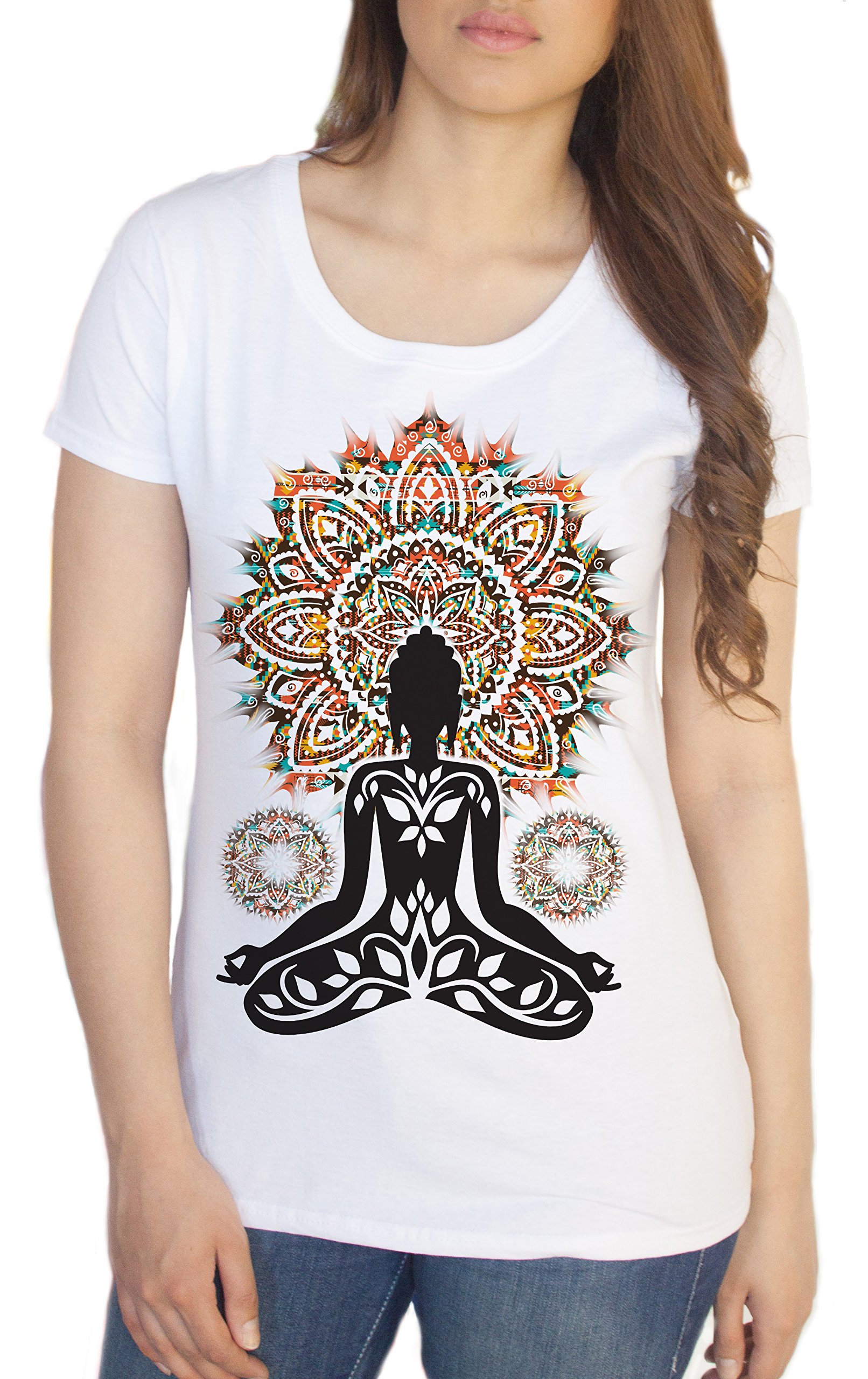 Women’s White T-Shirt Aztec Yoga Top Buddha Chakra Meditation Zen Print TSA20