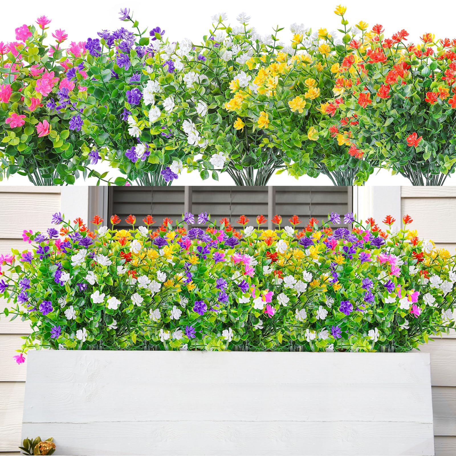 AmyHomie 20 Bundles Mix Colors Artificial Flowers Outdoor UV Resistant Faux Floral Greenery Shrubs No Fade Fake Plastic Hanging Plants Garden Porch Window Box Decor