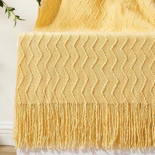 Miniatura 2 de BATTILO HOME Manta amarilla para sofá, cobija suave con textura, decorativa de punto para sofá, cama, sala de estar, 50 x 60 pulgadas
