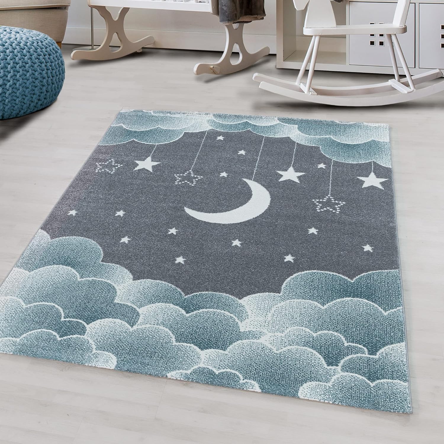 Funny Kids Soft Blue, Pink Yellow Clouds Moon Stars in the Sky Rug in Various Sizes Nursery Carpet (2101 Blue, 160x230 cm (5'3''x7'7''))
