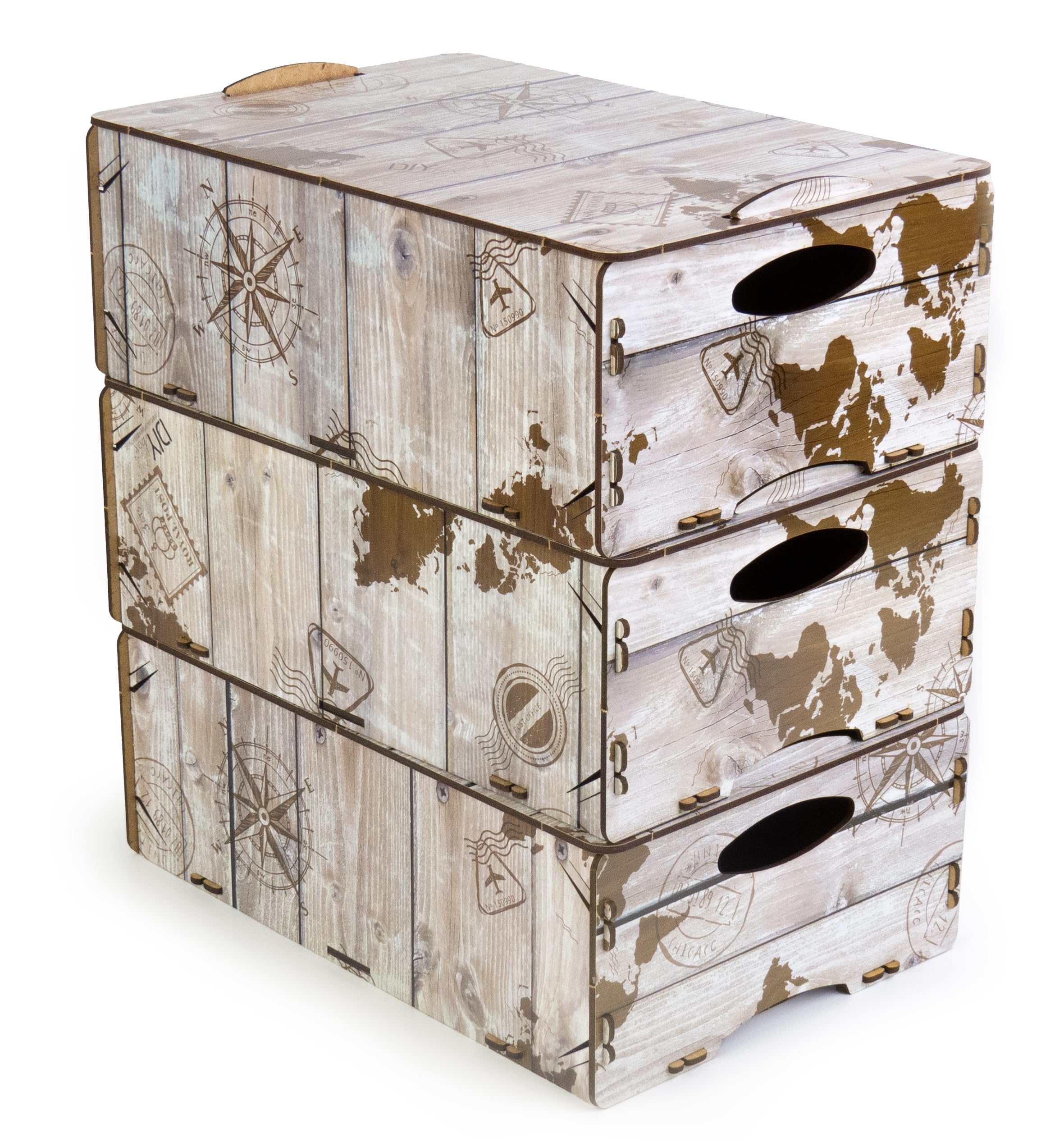 Set 3 Cajas Decorativas de Diseño en MDF – DIY BOX M (28x19x11 cm) TRAVEL THE WORLD – Resistentes, Reciclables, con Asas y Tapa – Almacenaje Creativo y Apilable para Hogar – Hechas en España