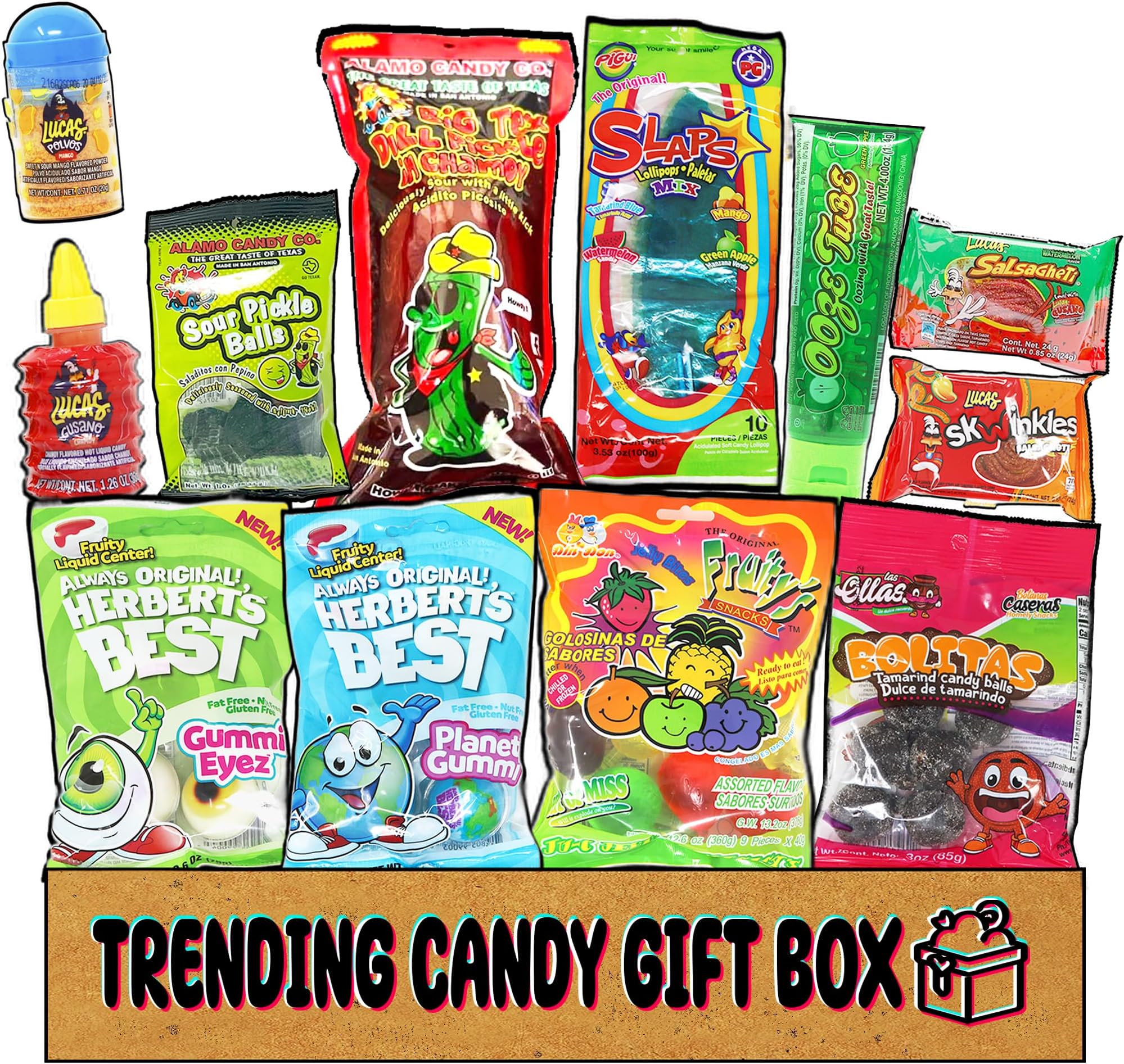 TikTok Candy Gift Box with 12 Viral Treats. Including Popping Jelly Fruit Candy as well as the Chamoy Pickle Kit, Mexican Slaps Candy, and More. Perfect for Tik Tok Trends/Challenges