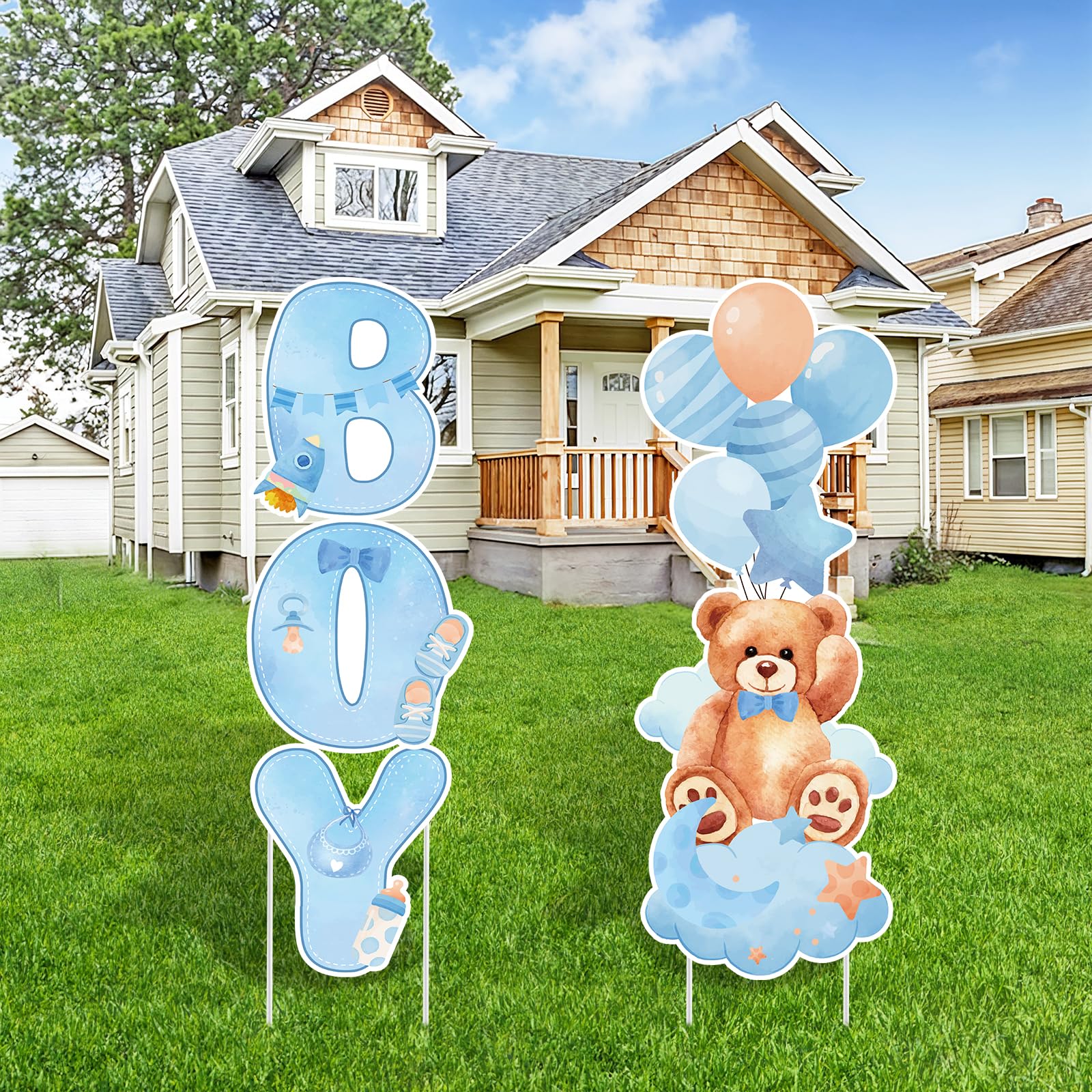 Photo 1 of 2 Sets Baby Shower Plastic Yard Sign with Stakes Gender Reveal Outdoor Decorations Blue Bear Boy Lawn Sign Newborn Welcome Sign for Gender Reveal Party Supplies