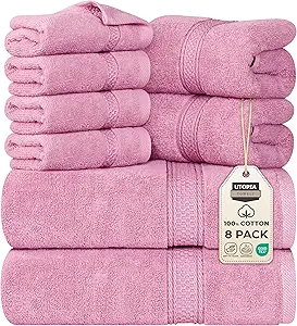 Utopia Towels 8 Piece Premium Towel Set, 2 Bath, 2 Hand, and 4 Wash Cloths, 600 GSM 100% Ring Spun Cotton, Highly Absorbent Towels for Bathroom, Gym, Hotel, and Spa, Pink