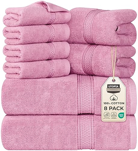 Utopia Towels 8 Piece Premium Towel Set, 2 Bath, 2 Hand, and 4 Wash Cloths, 600 GSM 100% Ring Spun Cotton Highly Absorbent Towels for Bathroom, Gym, Hotel, and Spa, Pink - Pink