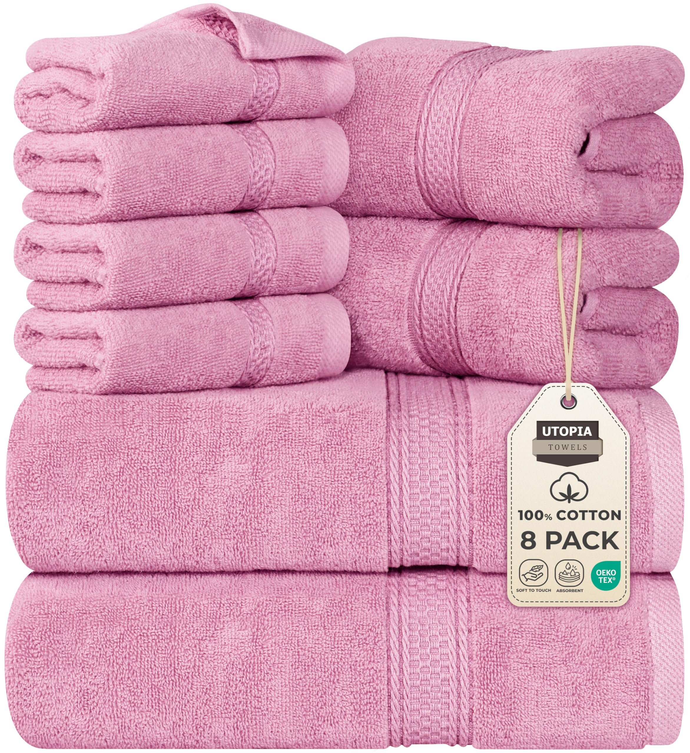 Utopia Towels 8 Piece Premium Towel Set, 2 Bath, 2 Hand, and 4 Wash Cloths, 600 GSM 100% Ring Spun Cotton, Highly Absorbent Towels for Bathroom, Gym, Hotel, and Spa, Pink