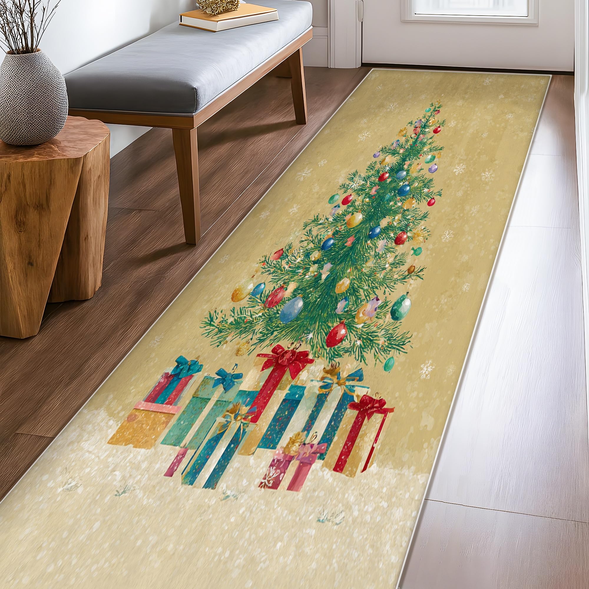 Tapis de couloir motif sapin de Noël vert doux et résistant pour couloirs et cuisines