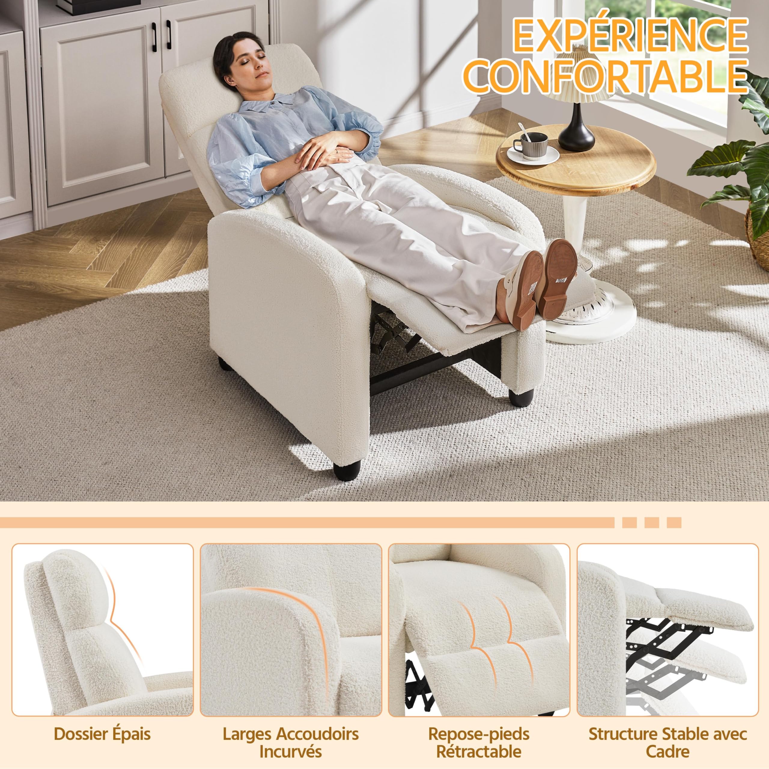 Yaheetech Fauteuil de Relaxation Petit Canapé Inclinable en Tissu Bouclette Doux en 3 Positions 1 Place avec Repose Pied/Chambre à Coucher/Home Cinéma/Salon Ivoire
