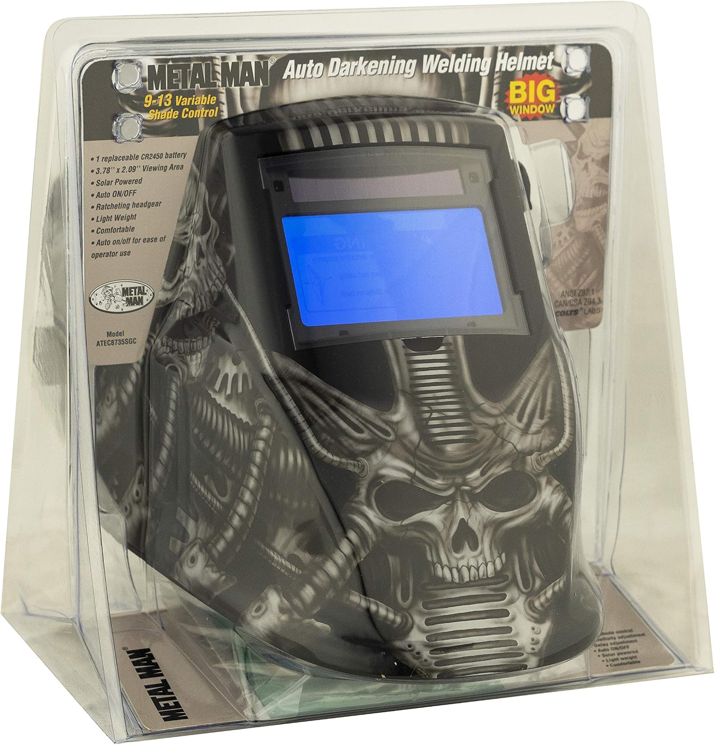 Metal Man ATEC8735SGC 9-13 Variable Shade Professional Auto-Darkening Welding Helmet, Techno Skull