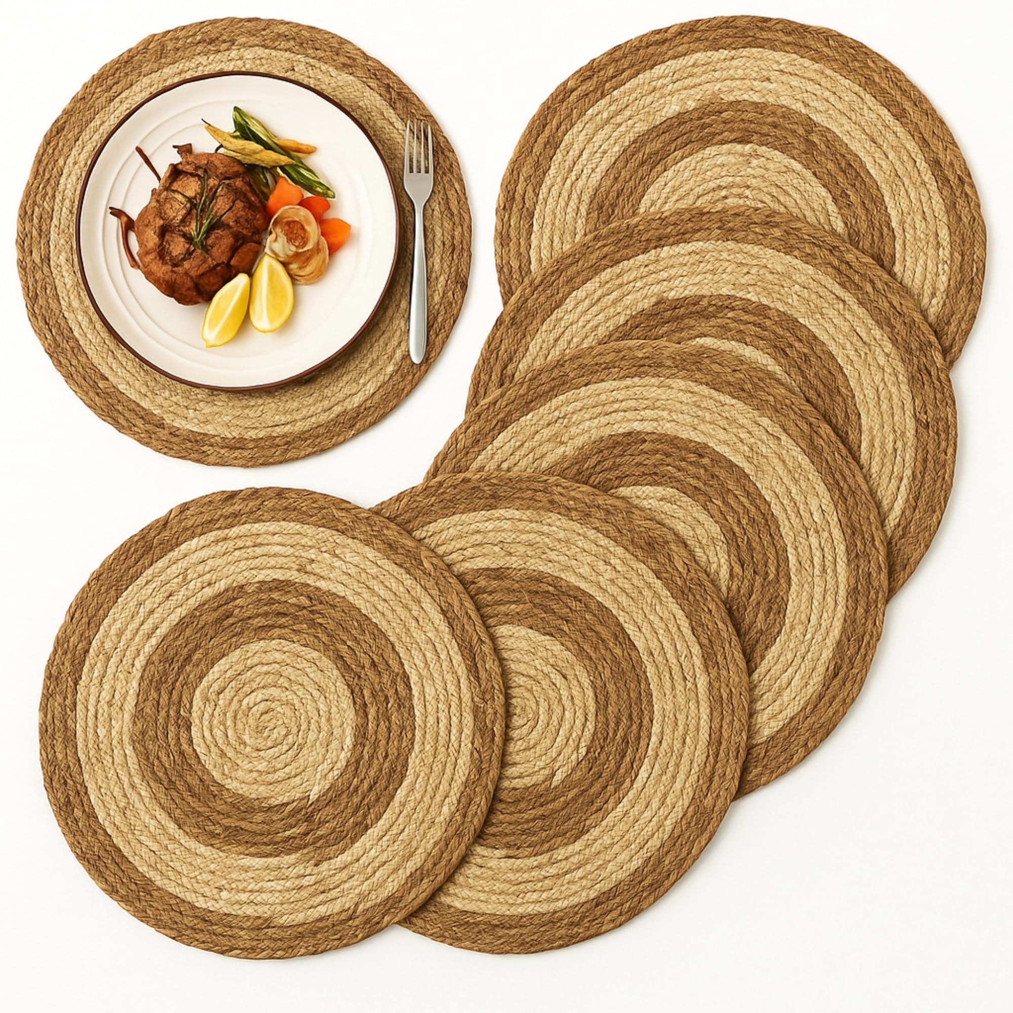Salvamantel Mimbre Redondo circulos, Mantel Individual, Bajoplatos Redondos, Bajoplatos Mimbre, Apto para el hogar y restaurantes, Resistente al Calor, Diámetro de 45 cm, Pack de 12 Salvamanteles
